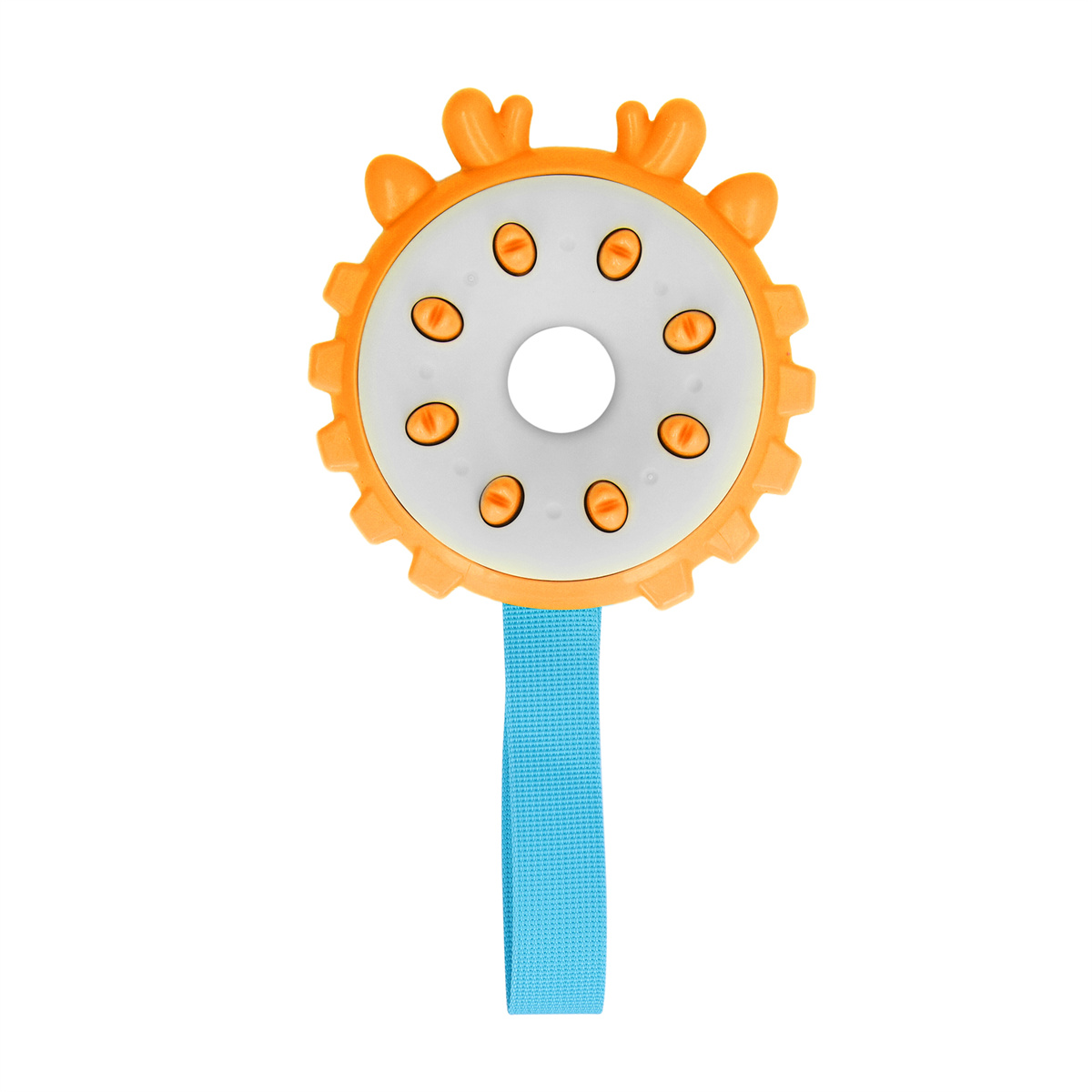 Orangenes Spielzeug mit kreisförmigem Design und blauem Riemen. Mit vielen kleinen Kreisen. Isoliert auf Weiß.