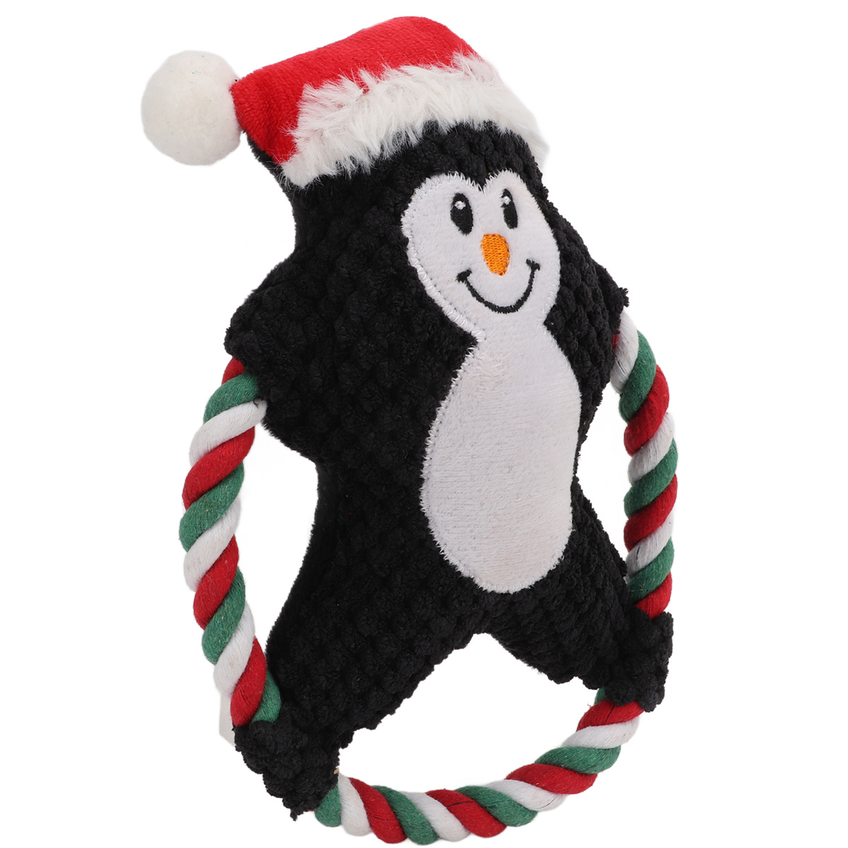 Weihnachtlicher Pinguin-Hundespielzeug mit Weihnachtsmütze, hält ein Seil.