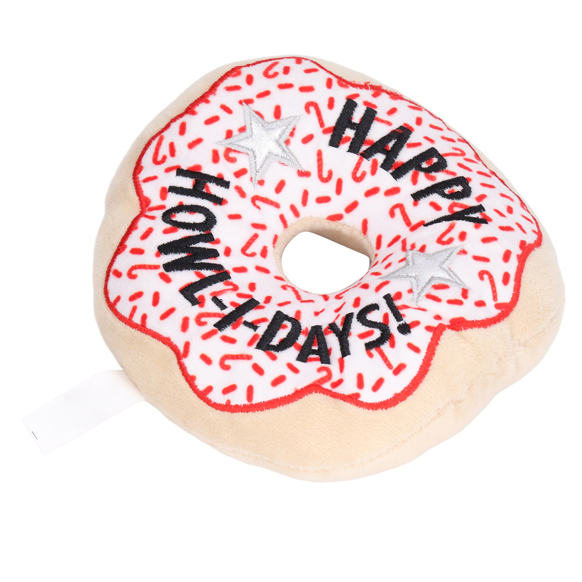 Donut-förmiges Hundespielzeug. Weißer Zuckerguss mit roten Streuseln und 'HAPPY HOWL-I-DAYS!' in schwarzem Text.