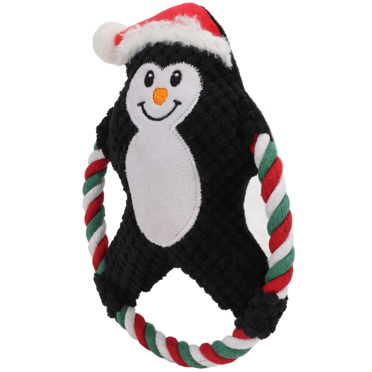 Ein Pinguin-Hundespielzeug mit Weihnachtsmütze. Es hat ein Seil als Körper mit roten, grünen und weißen Farben.