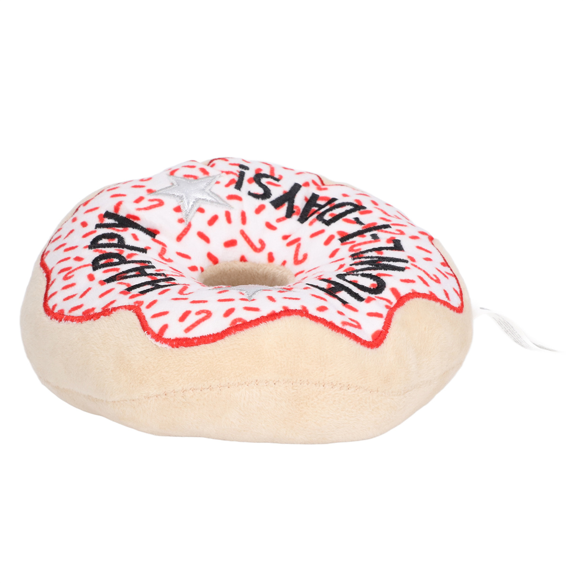 Donut-Hundespielzeug mit rotem Zuckerguss und Streuseln, Text: 'HAPPY ONLY-1-DAY's'.