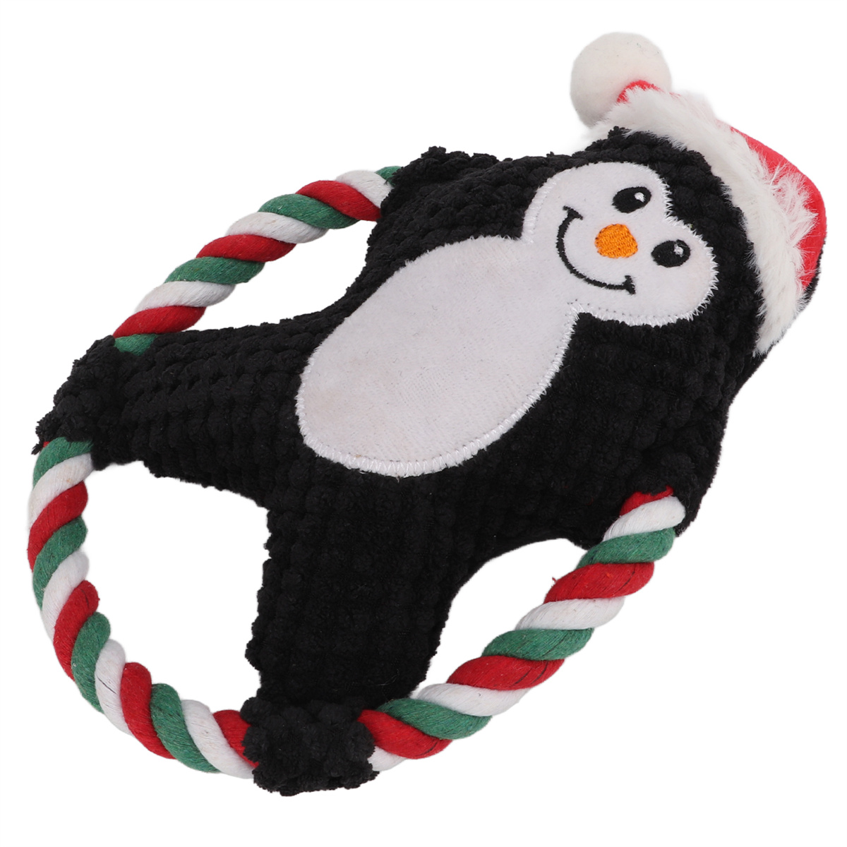 Ein schwarz-weißes Pinguin-Hundespielzeug mit einem rot-grünen Seil. Der Hintergrund ist weiß.