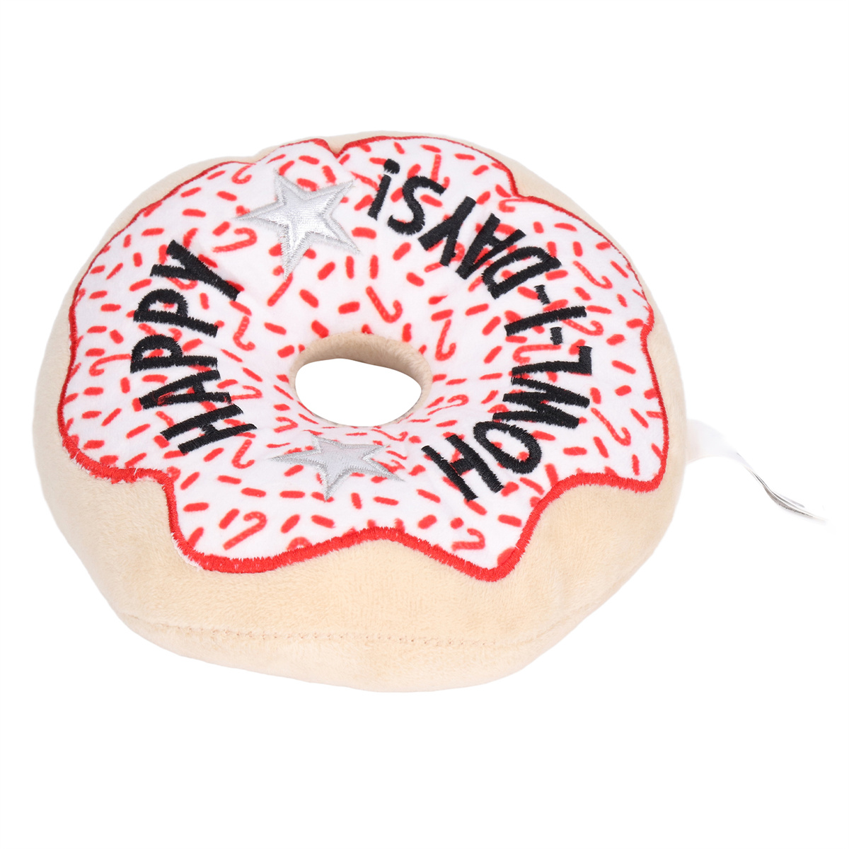 Ein donut-förmiges Hundespielzeug mit rotem Zuckerguss und den Worten "HAPPY HOWL-I-DAYS!" darauf.