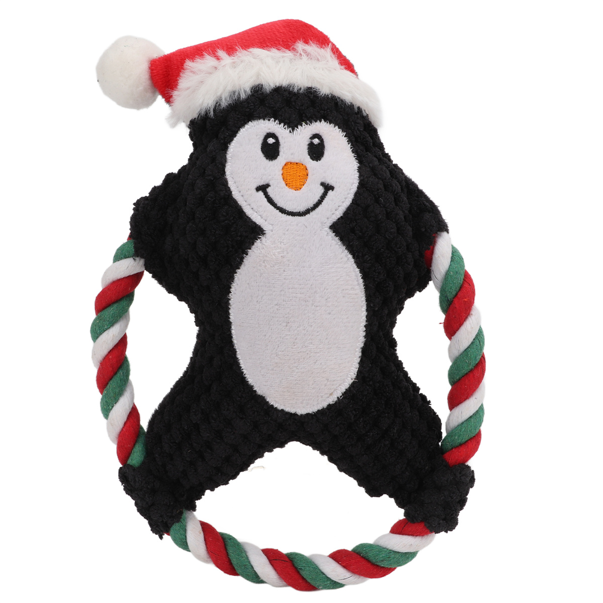 Ein Plüschpinguin-Spielzeug mit Weihnachtsmütze und hält ein Seil mit rot-weiß-grünen Streifen.