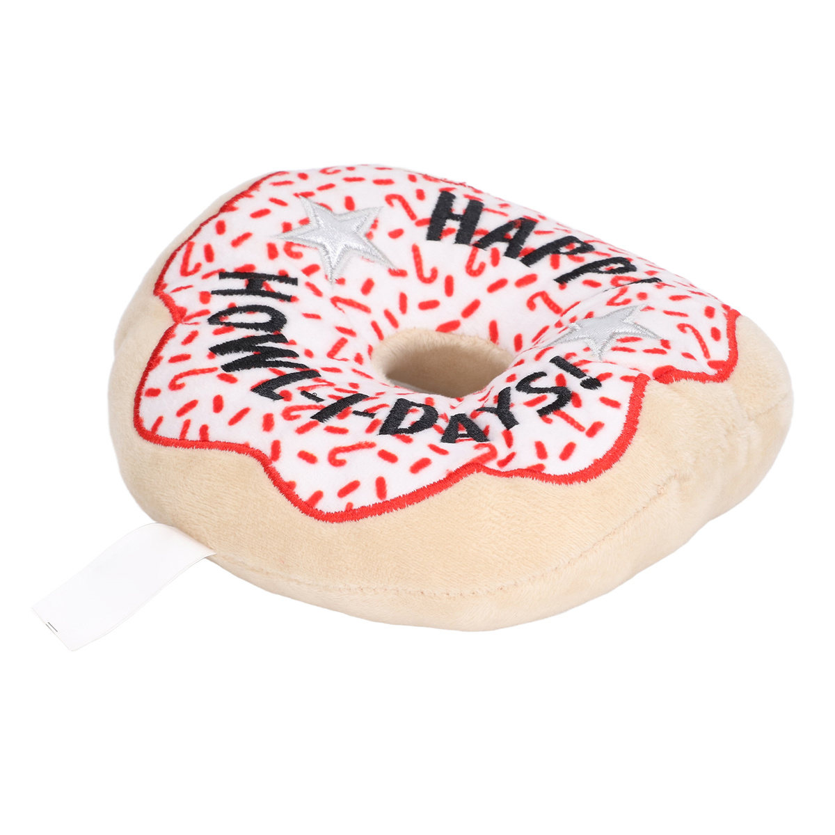 Ein Donut-förmiges Plüschtier mit Feiertags-Text.