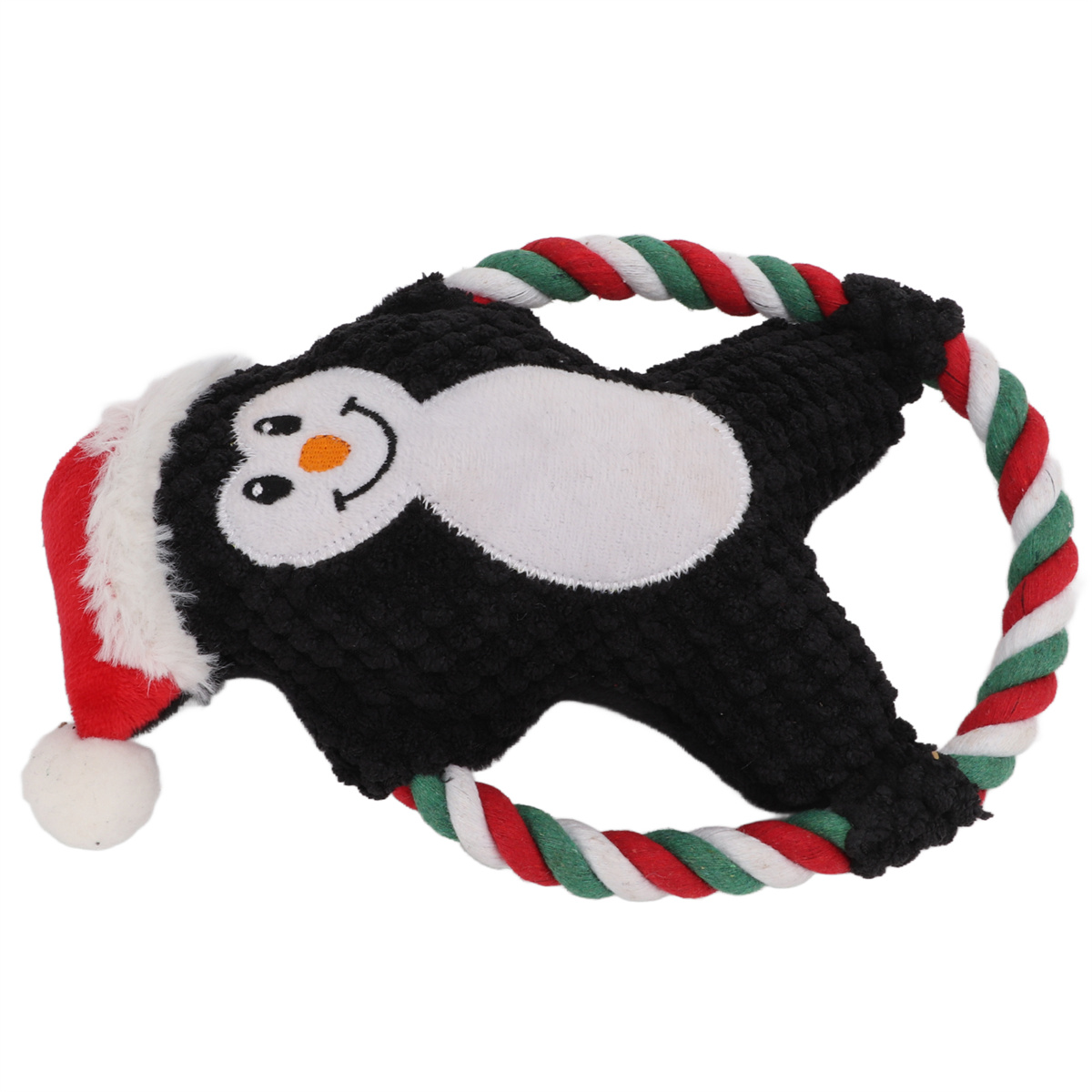 Ein Pinguin-Hundespielzeug mit rotem Weihnachtsmütze auf einem bunten Seilring. Der Pinguin ist schwarz und weiß.