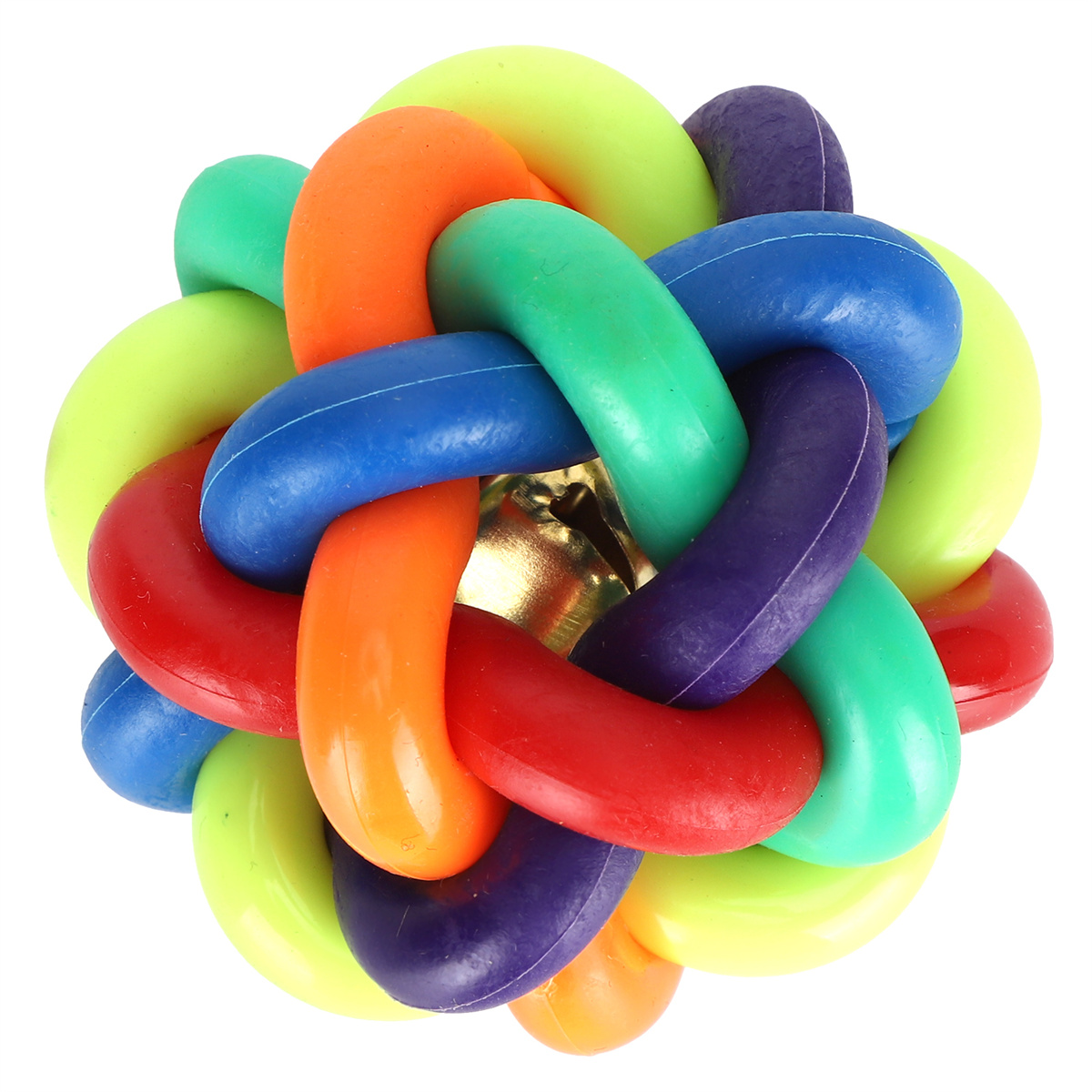 Ein buntes Hundespielzeug. Es hat mehrere Farben und eine kleine Glocke im Inneren.