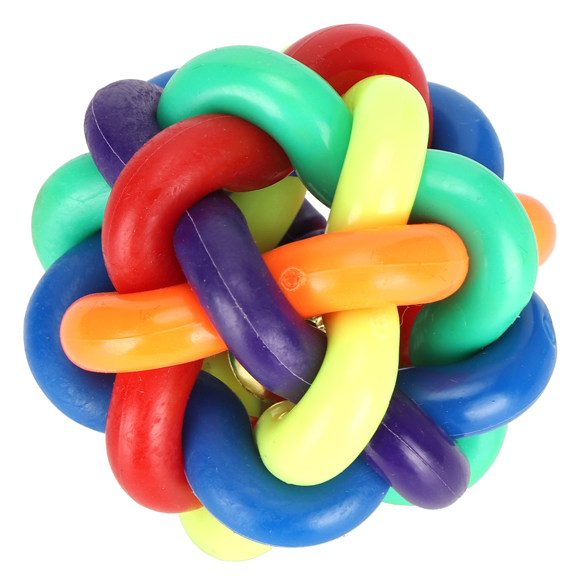 Ein farbenfrohes, kugelförmiges Spielzeug mit verschlungenen Bögen.
