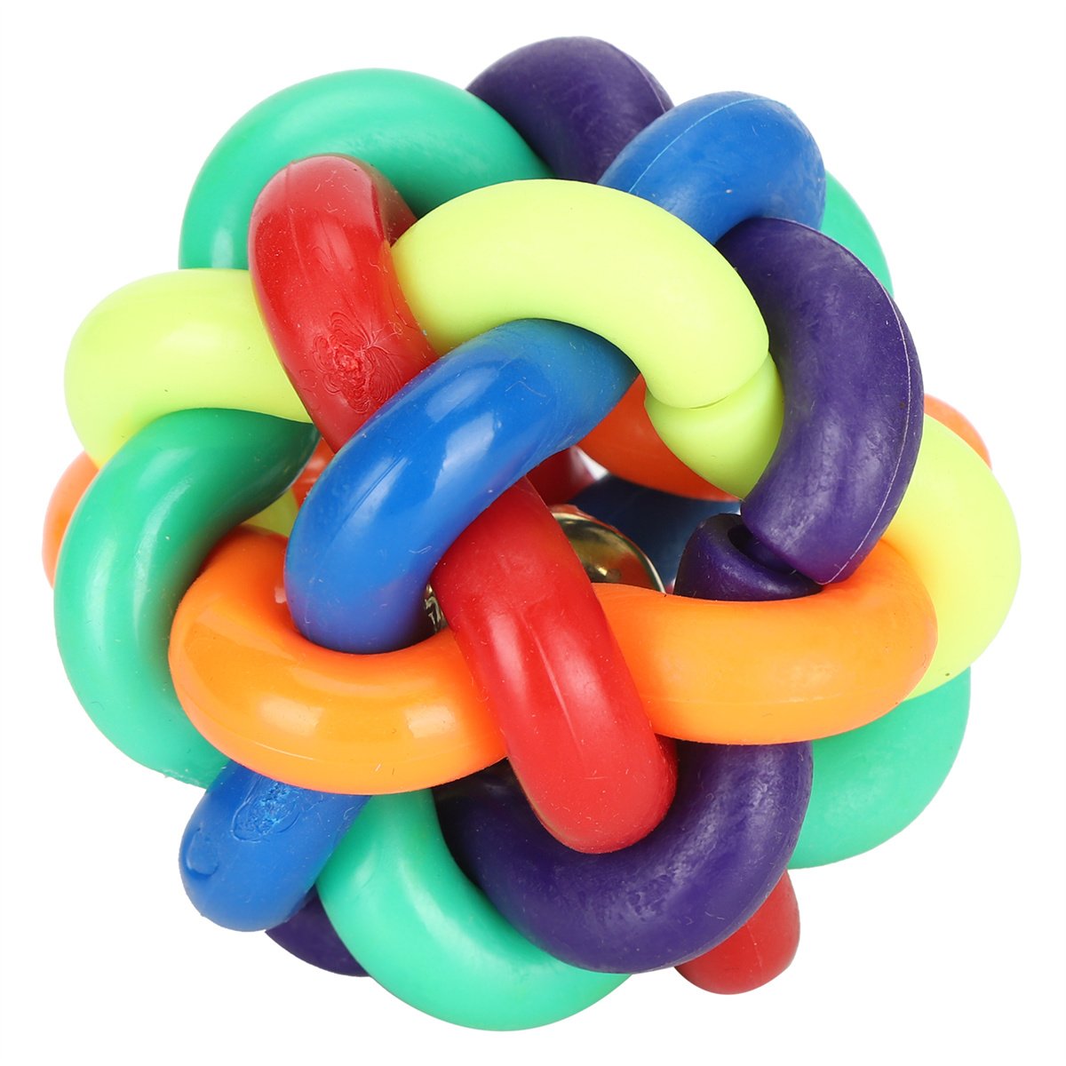 Buntes, verschlungenes Ballspielzeug mit Ringen für Hunde.