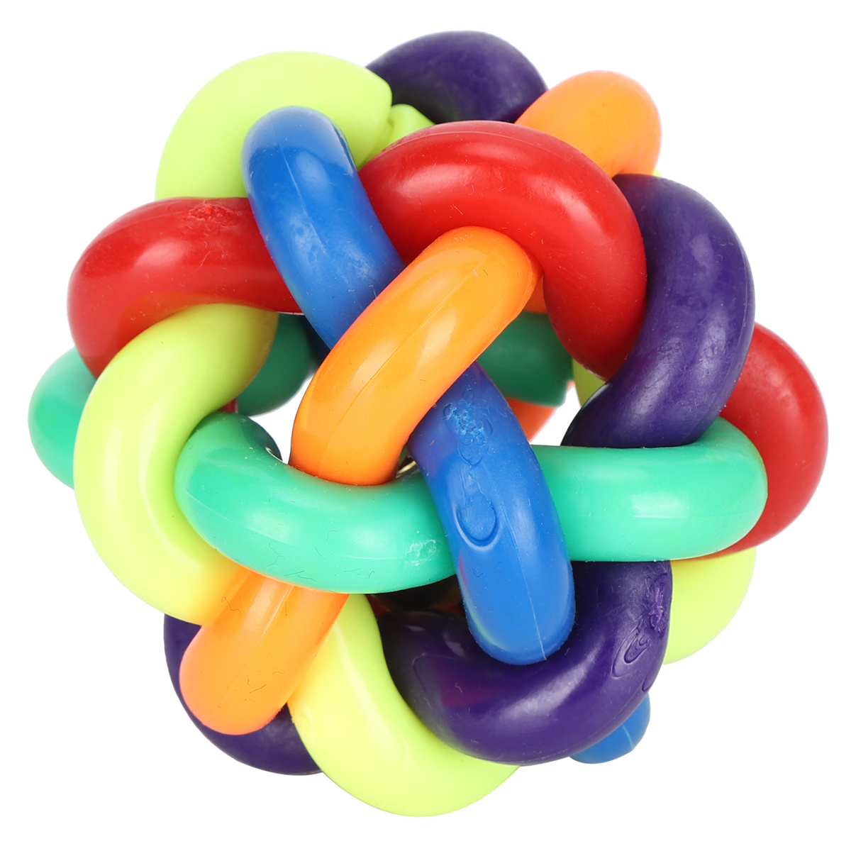 Ein farbenfrohes Hundespielzeug, hergestellt aus ineinander verschlungenen, abgerundeten Formen in verschiedenen Farben.