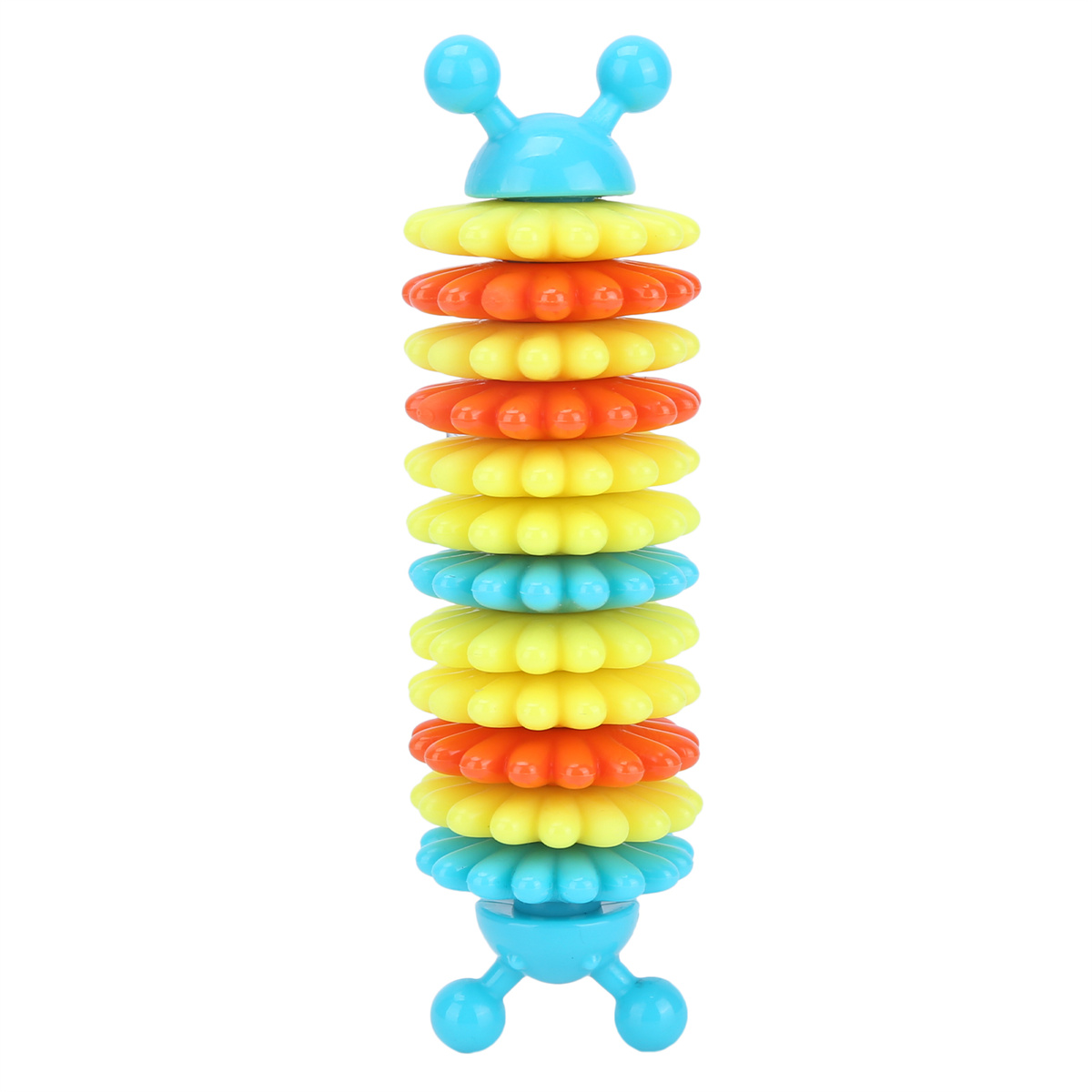 Buntes Stapelspielzeug in Form einer Raupe. Es hat verschiedene blütenartige Formen mit blauem Kopf.