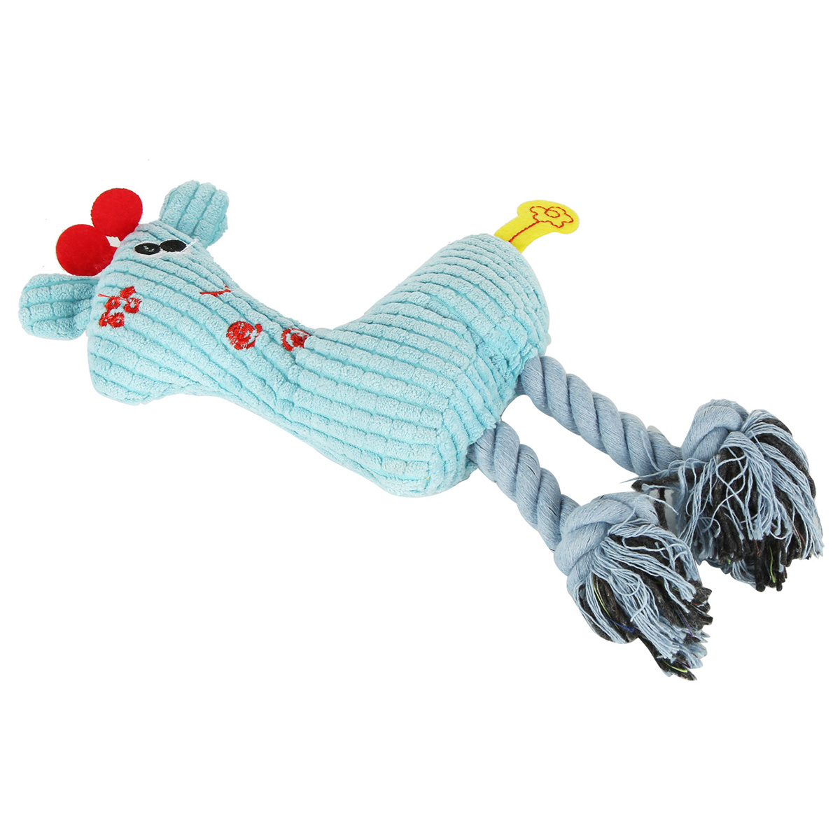 Blaues Plüschtier in Form einer Giraffe mit Seilbeinen, gelbem Knochen und roten Flecken.