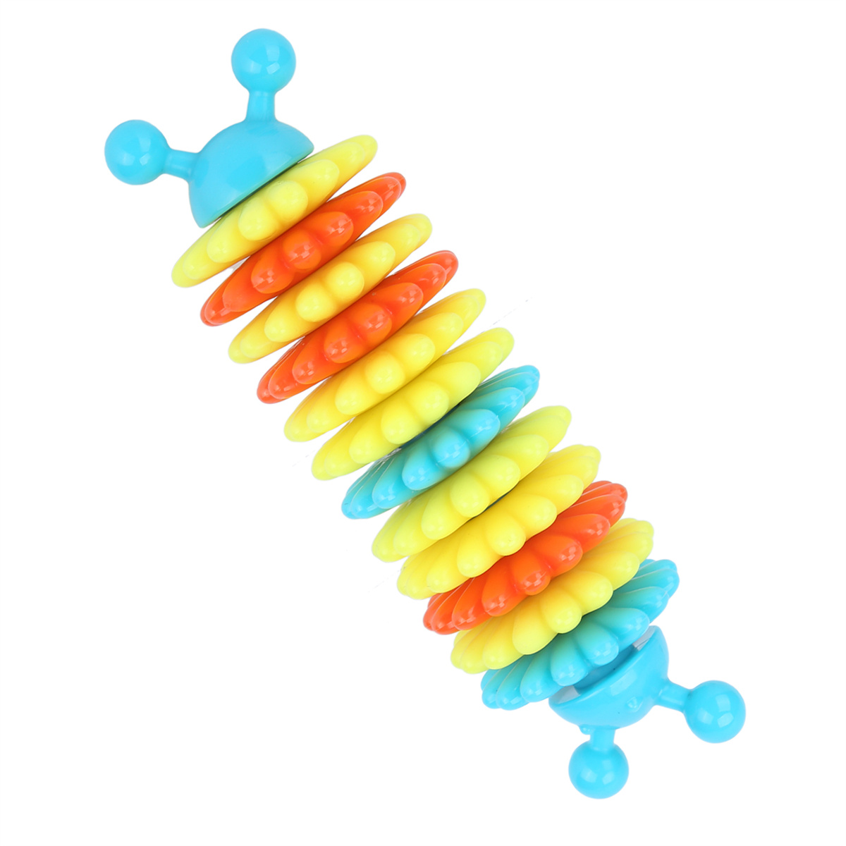 Ein farbenfrohes Raupenspielzeug mit blauen, gelben und orangefarbenen Segmenten auf weißem Hintergrund.