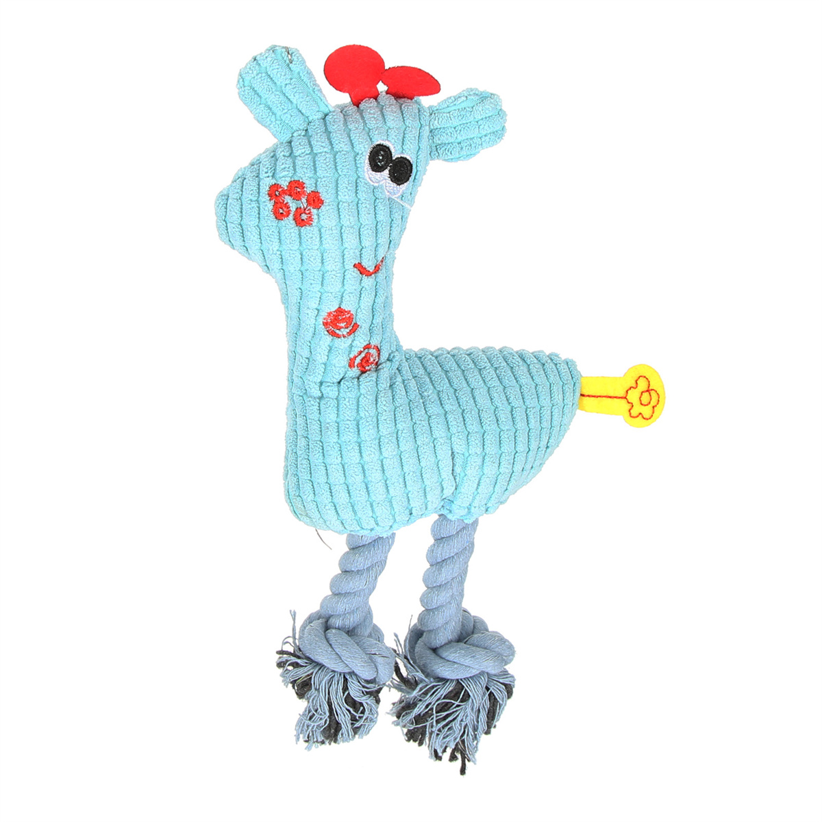 Blaues Giraffen-Hundespielzeug mit Seil und rotem Kopf, vor weißem Hintergrund.