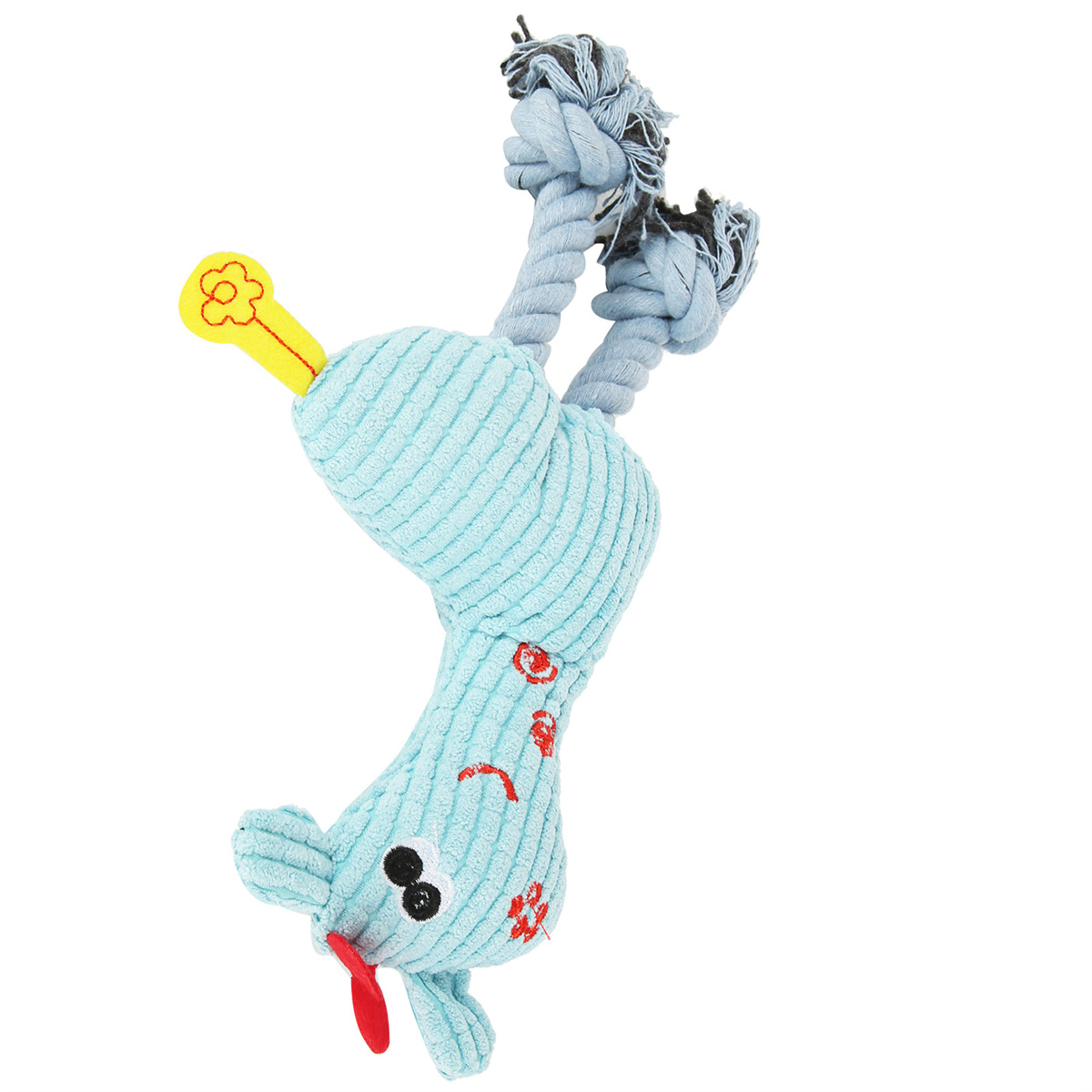 Blaues Hundespielzeug mit roter Zunge, gelber Blume und Seil.