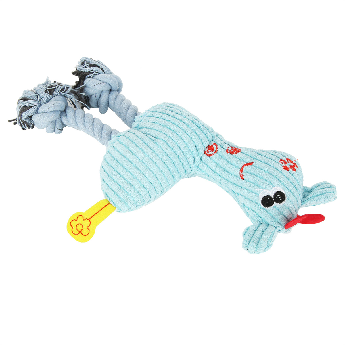 Ein blaues Hundespielzeug mit Seilkopf, roter Zunge und gelber Blume.