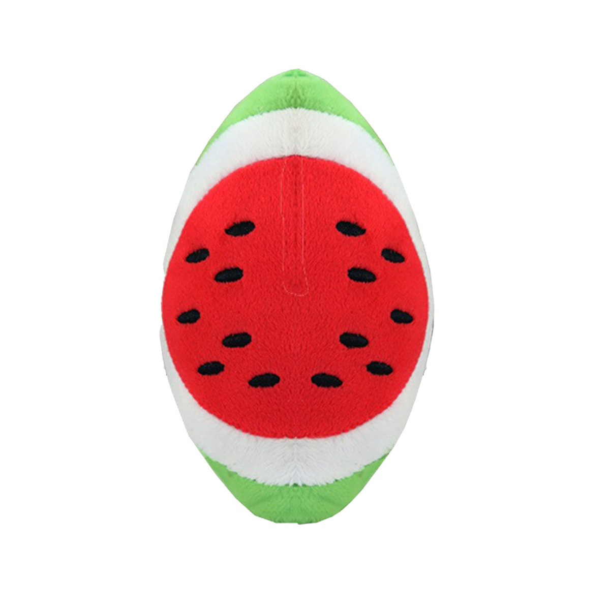 Wassermelonen-förmiges Plüschtier mit grüner Schale, weißem Fruchtfleisch und schwarzen Samen.