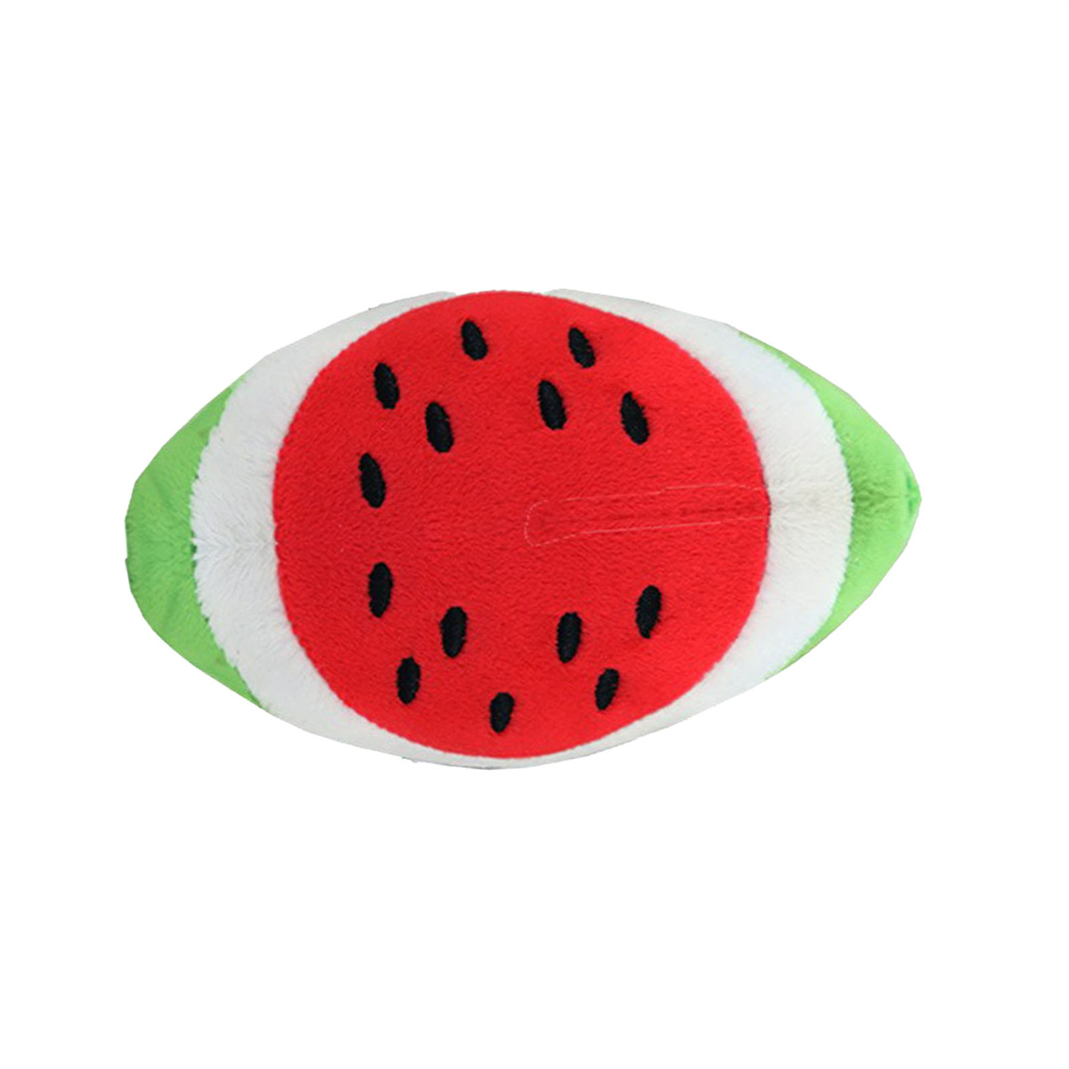Ein wassermelonenförmiges Plüschtier mit roter Mitte, weißem Ring und grüner Schale. Mit schwarzen Samen.