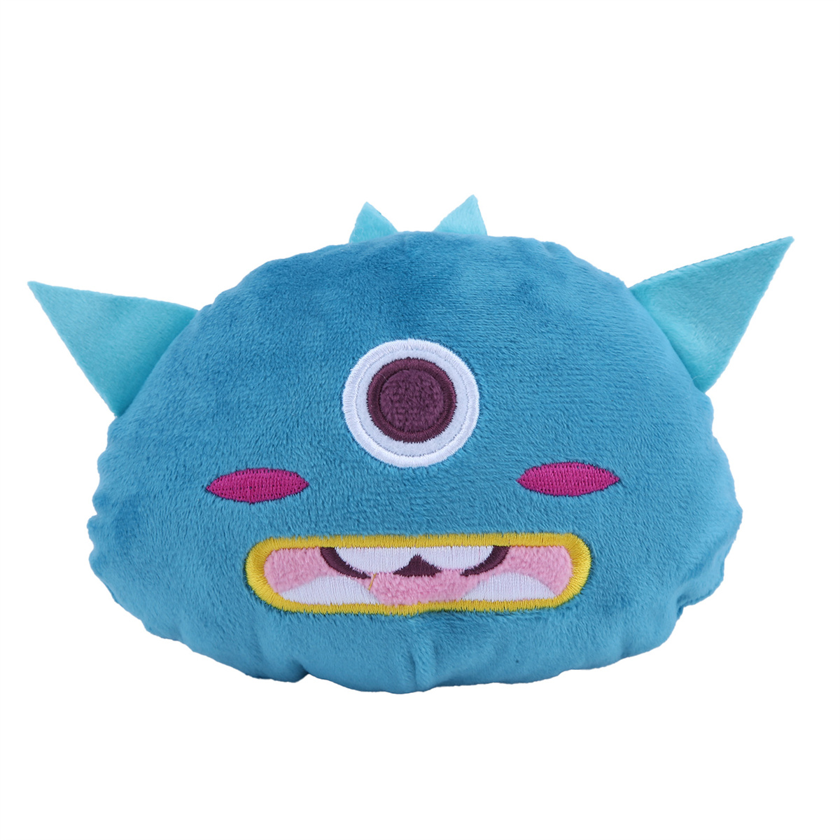 Ein blaues Monster-Plüschtier mit Stacheln, Augen und einem lächelnden Mund.