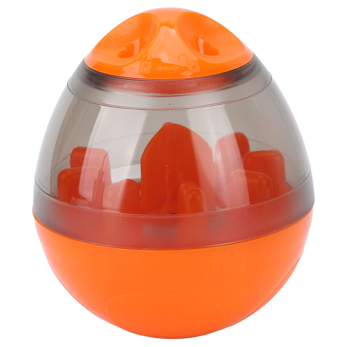 Ein orangefarbenes und klares Spielzeug mit roten Objekten im Inneren. Es befindet sich auf weißem Hintergrund.