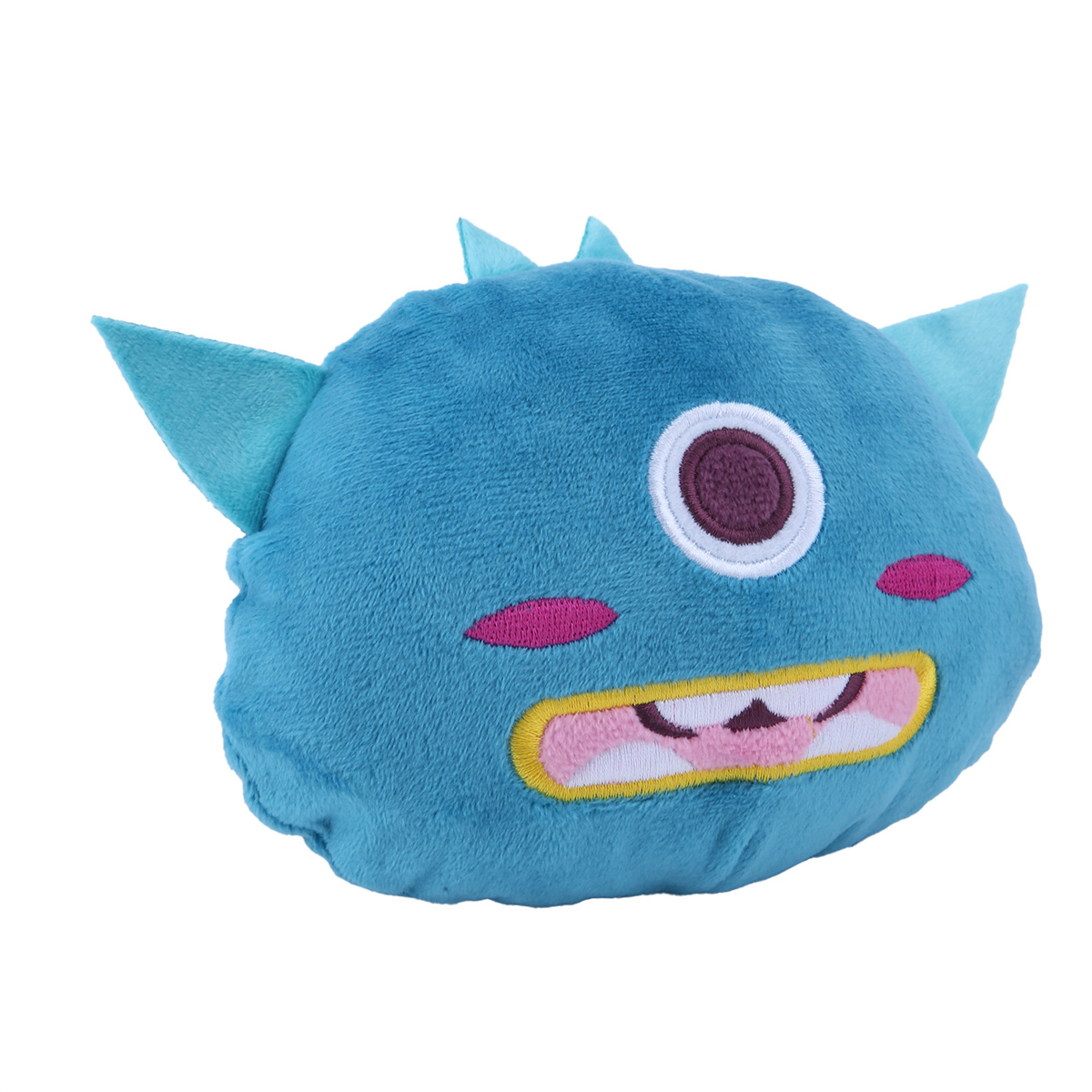 Blaues Plüschmonster-Spielzeug mit stacheligem Haar, einem Auge und rosa Details. Weißer Hintergrund.