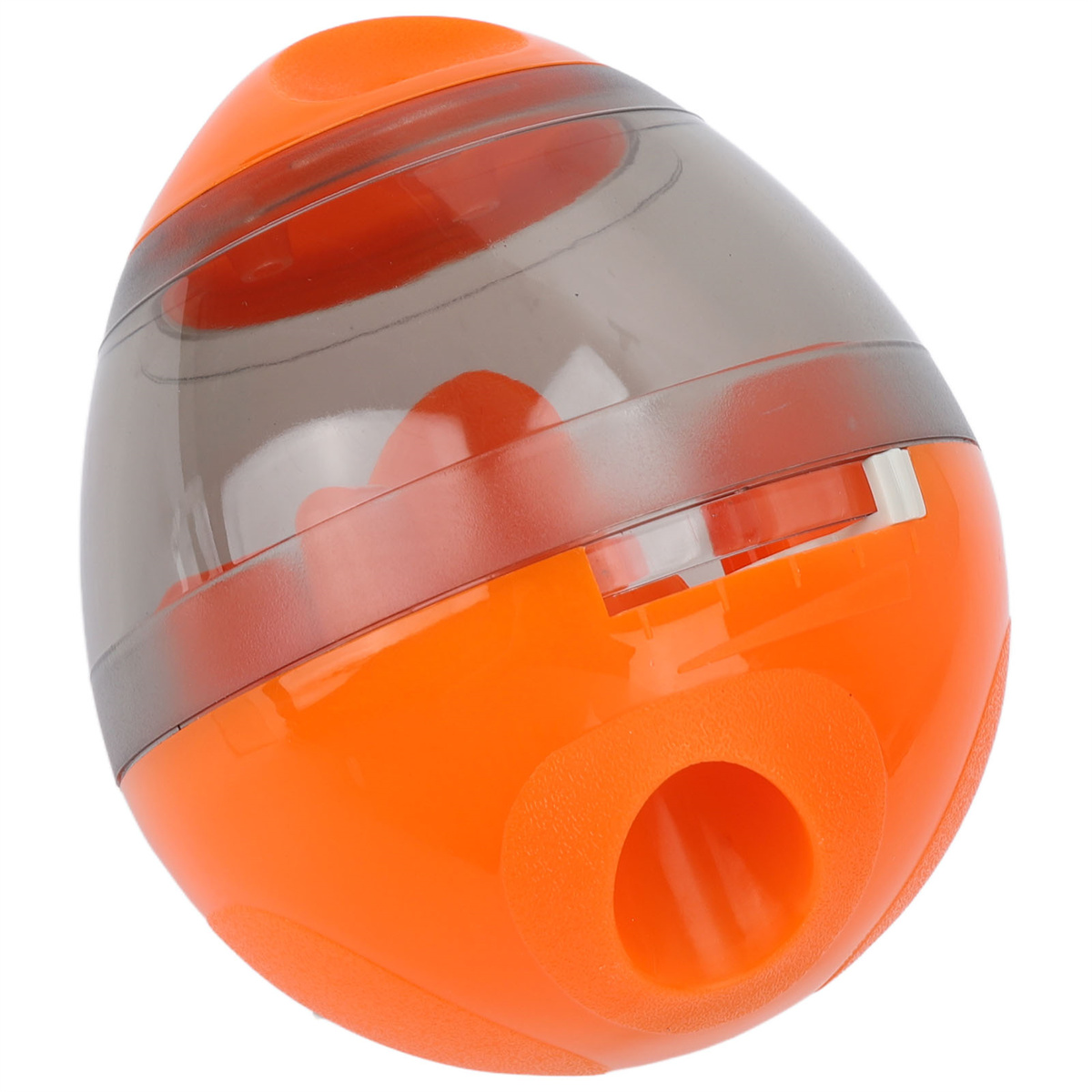 Ein orangefarbenes und graues Hundespielzeug zum Abgeben von Leckerlis, mit transparentem Deckel und Loch an der Seite.