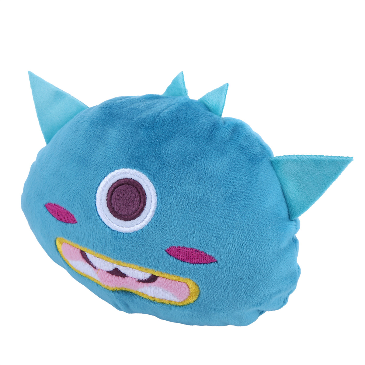 Ein blaues Plüschtier in Form eines Monsters mit Stacheln und Lächeln. Weißer Hintergrund.