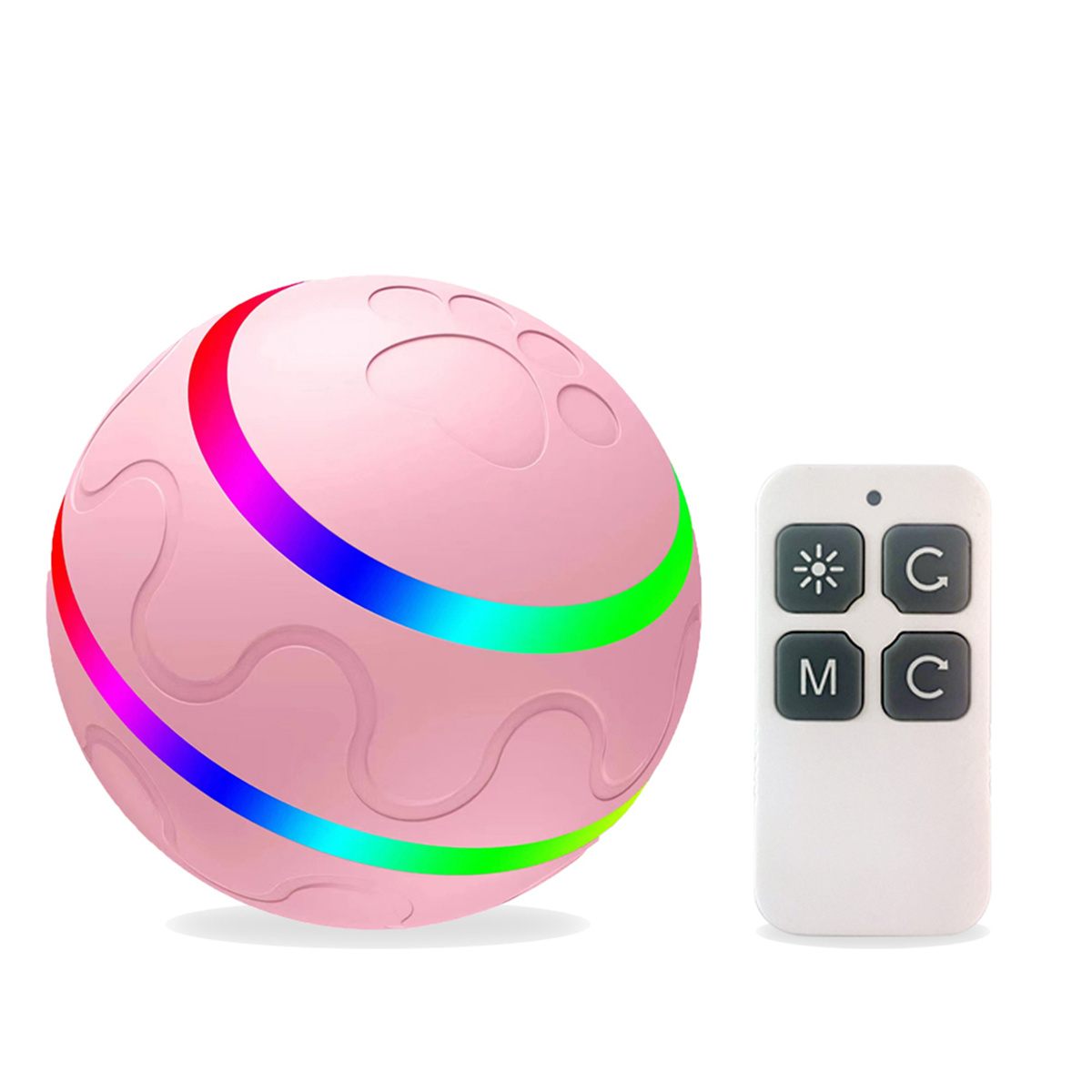 Rosa Haustierball mit Regenbogenlichtern und Pfotenabdrücken neben einer weißen Fernbedienung.