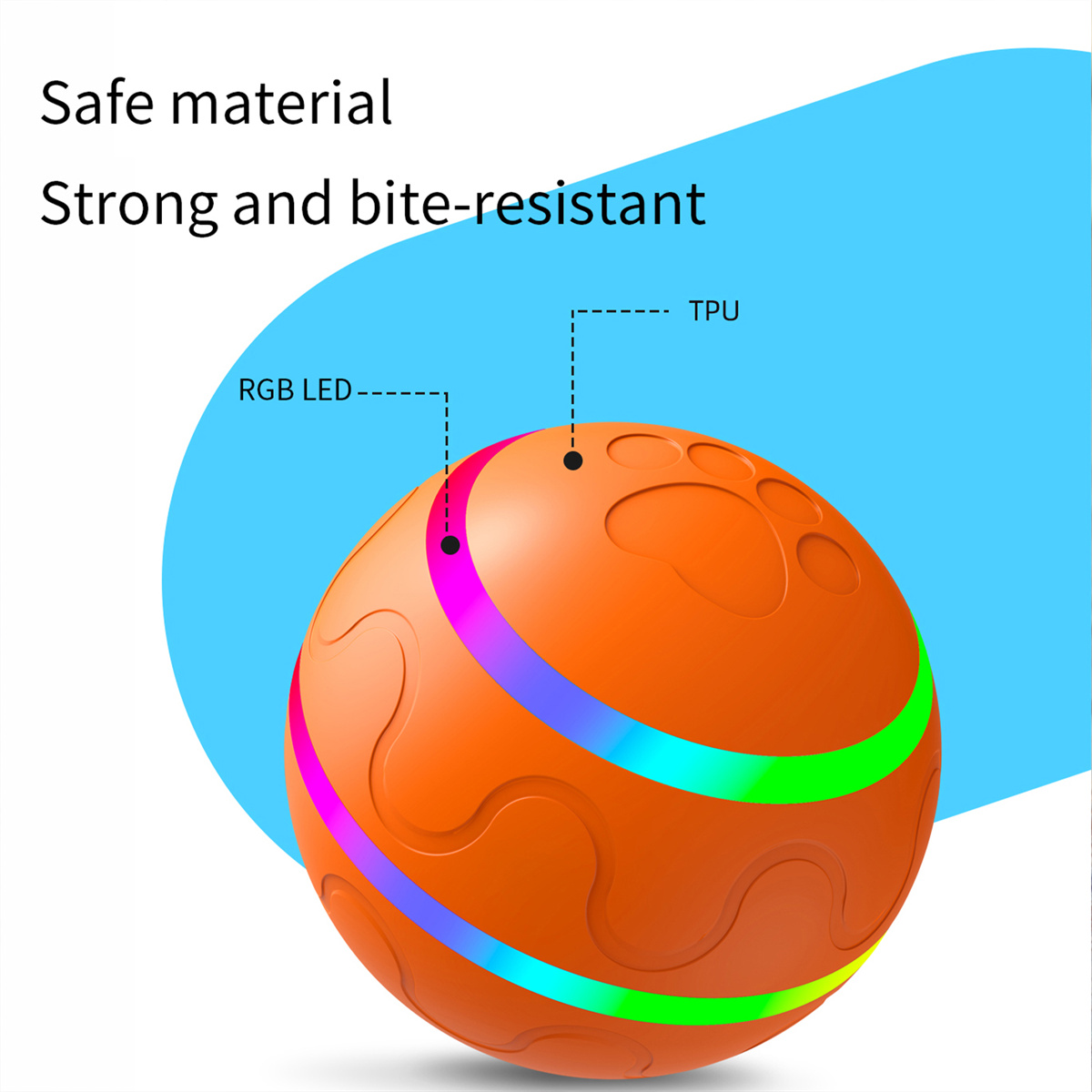 Oranger Ball mit Pfotenabdrücken, Regenbogenlicht und Text.