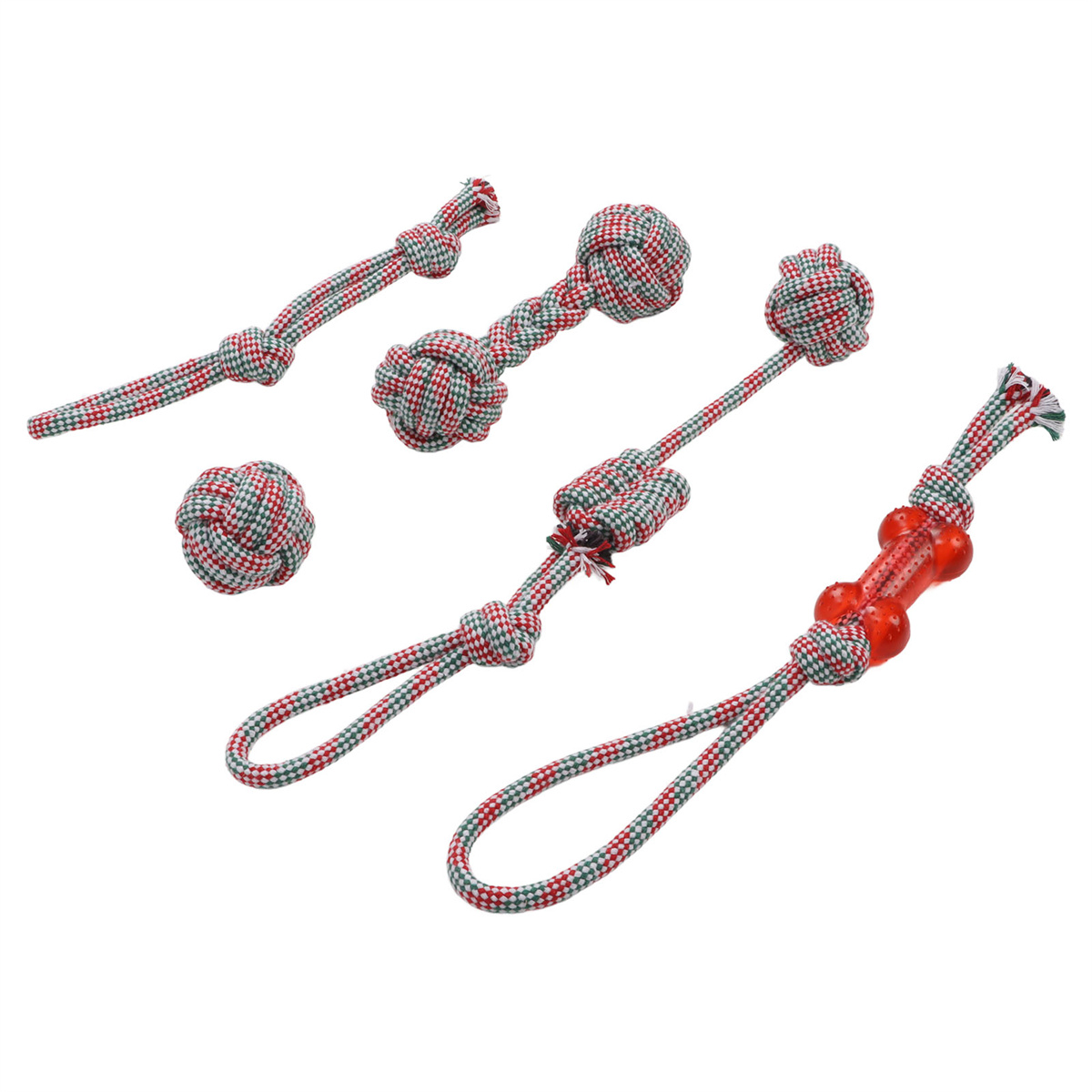 Hundeseilspielzeuge in verschiedenen Formen: Knoten, Kugeln und ein Knochen mit roter Mitte.
