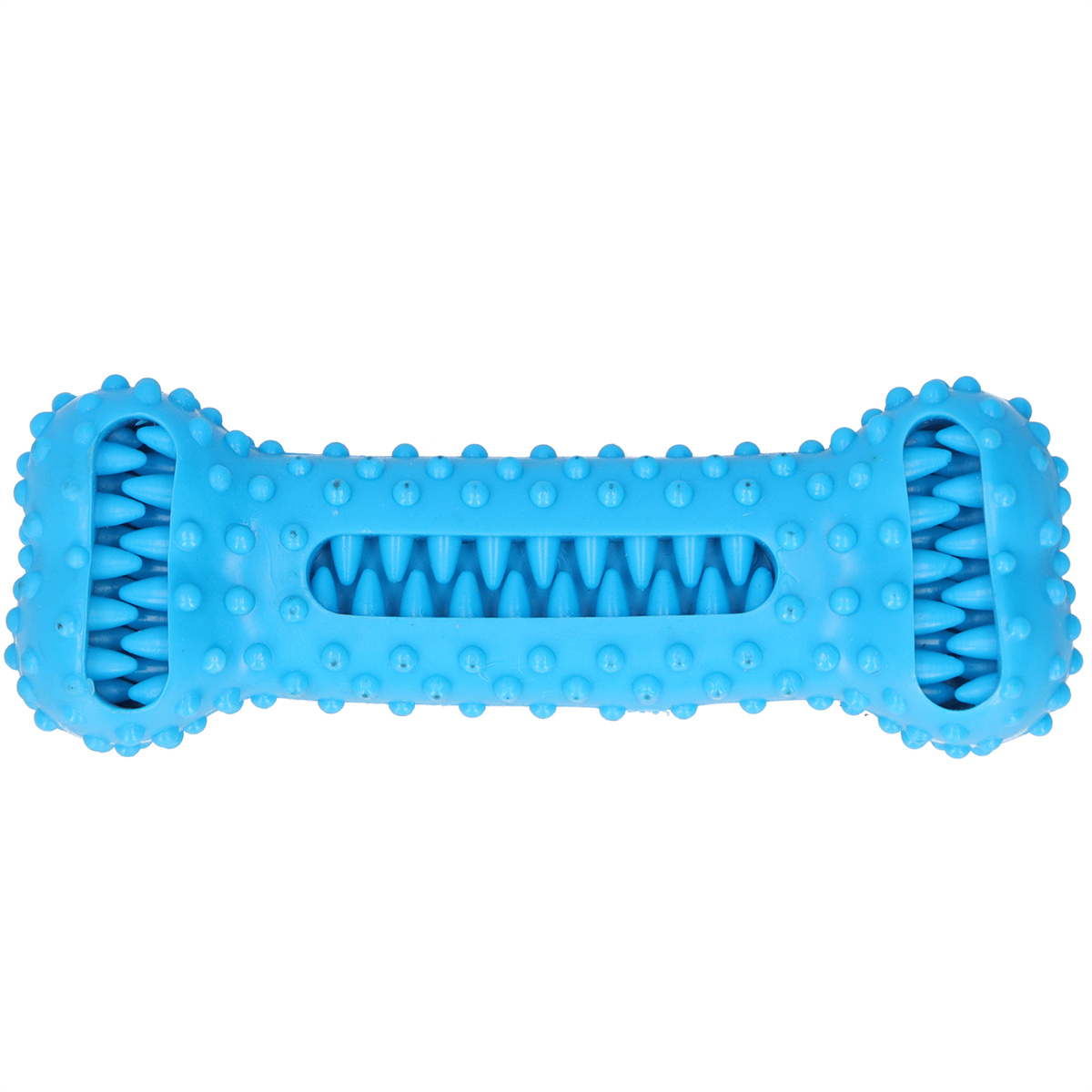 Ein blaues Hundespielzeug in Knochenform mit strukturierten Oberflächen und einem zentralen Loch. Es ist auf weißem Hintergrund.