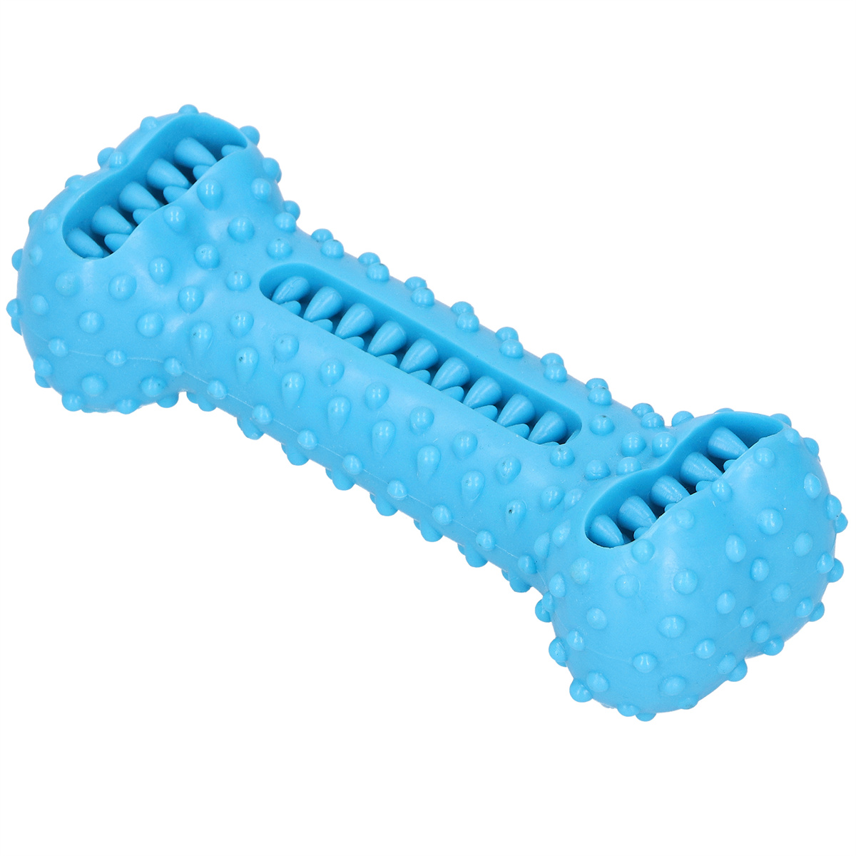 Ein blaues Hundespielzeug in Knochenform mit Unebenheiten und Rillen auf der Oberfläche.