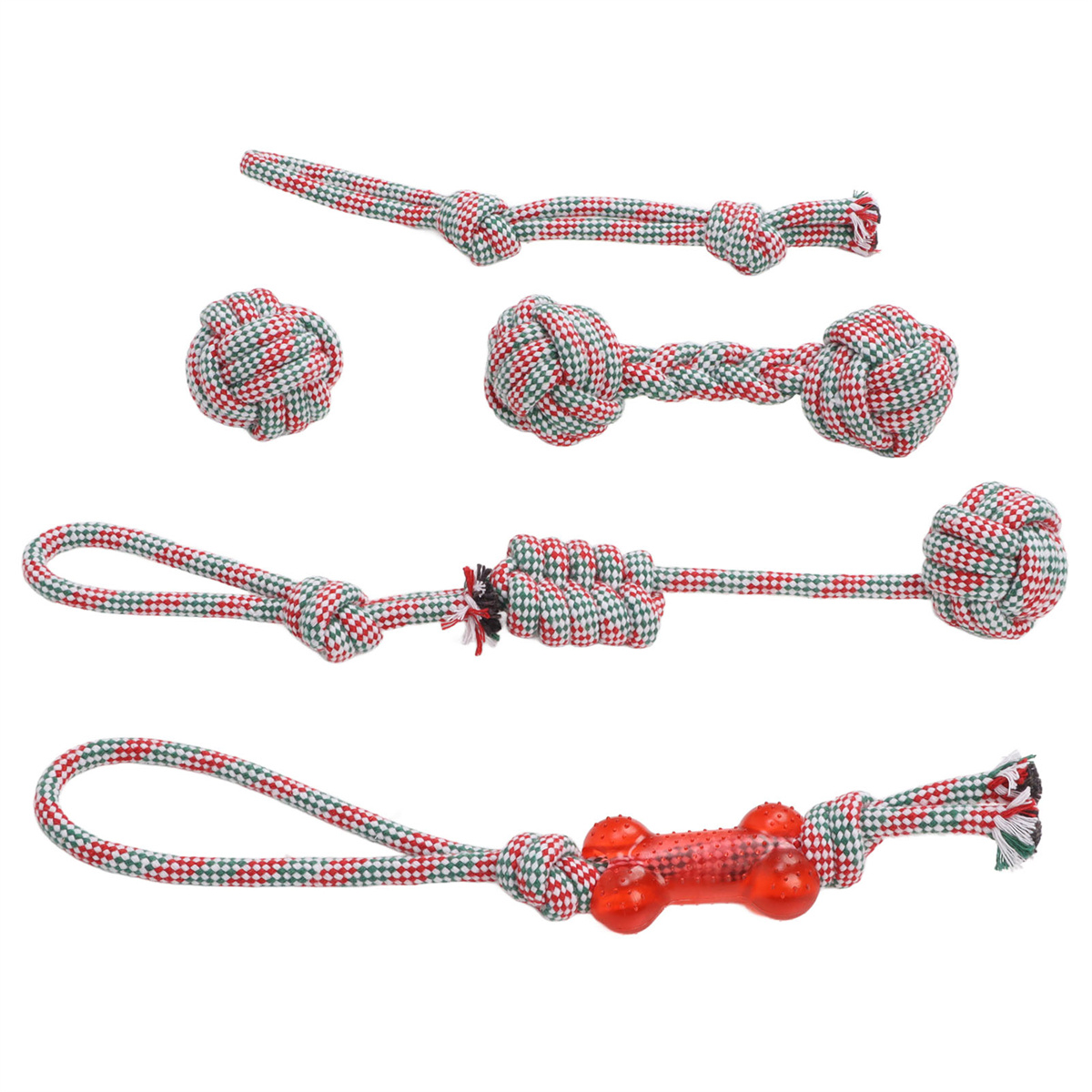 Verschiedene Hundespielzeuge: Seilknoten, Knochen und Ball, rot, grün und weiß.