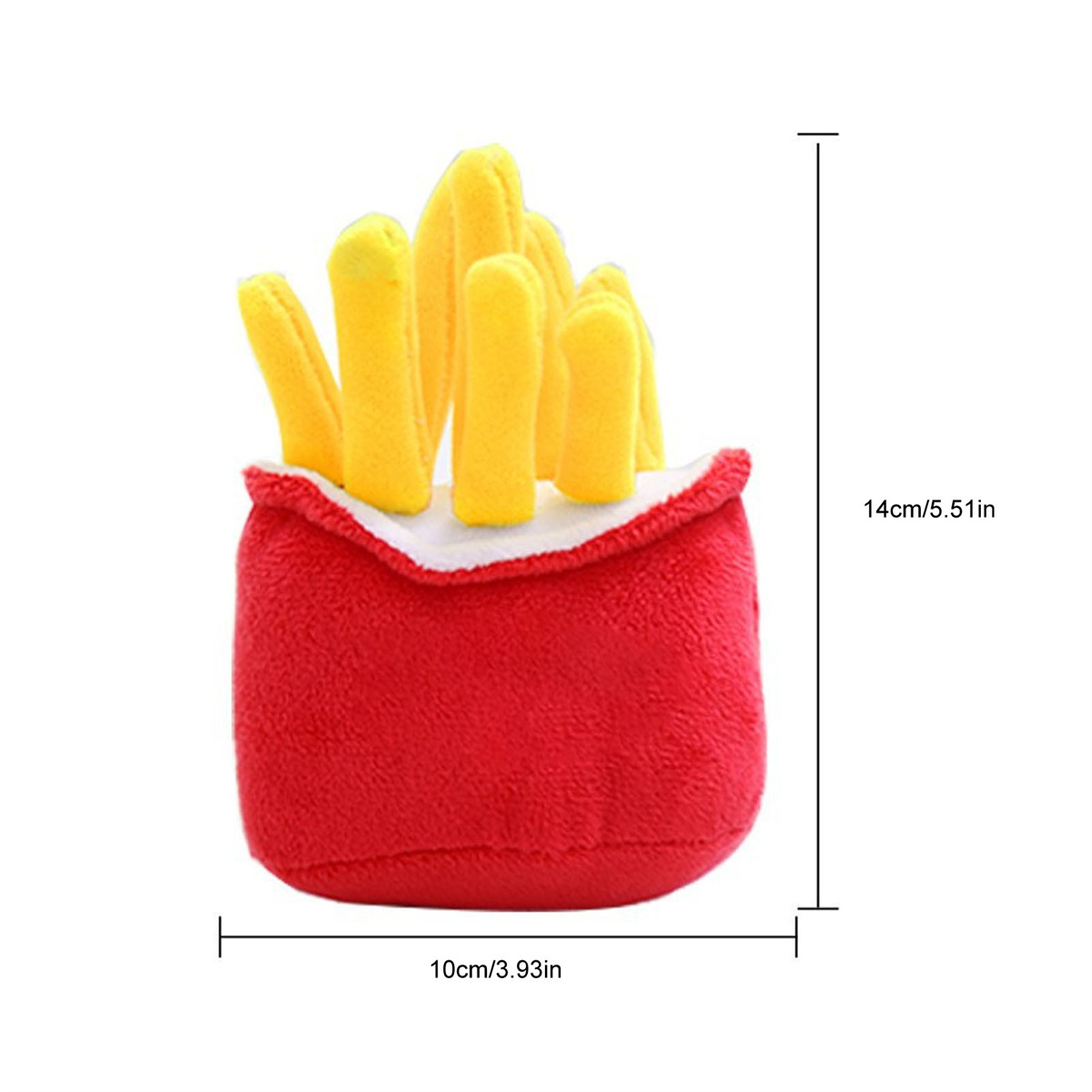 Ein roter Plüsch-Pommes-Frites-Behälter mit gelben Pommes, die herausragen. Maße sind angezeigt.