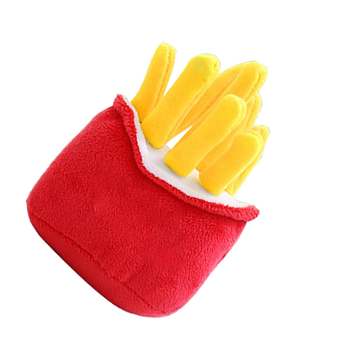 Eine rote Schachtel mit Pommes Frites als Spielzeug. Die Pommes sind gelb, die Schachtel rot.