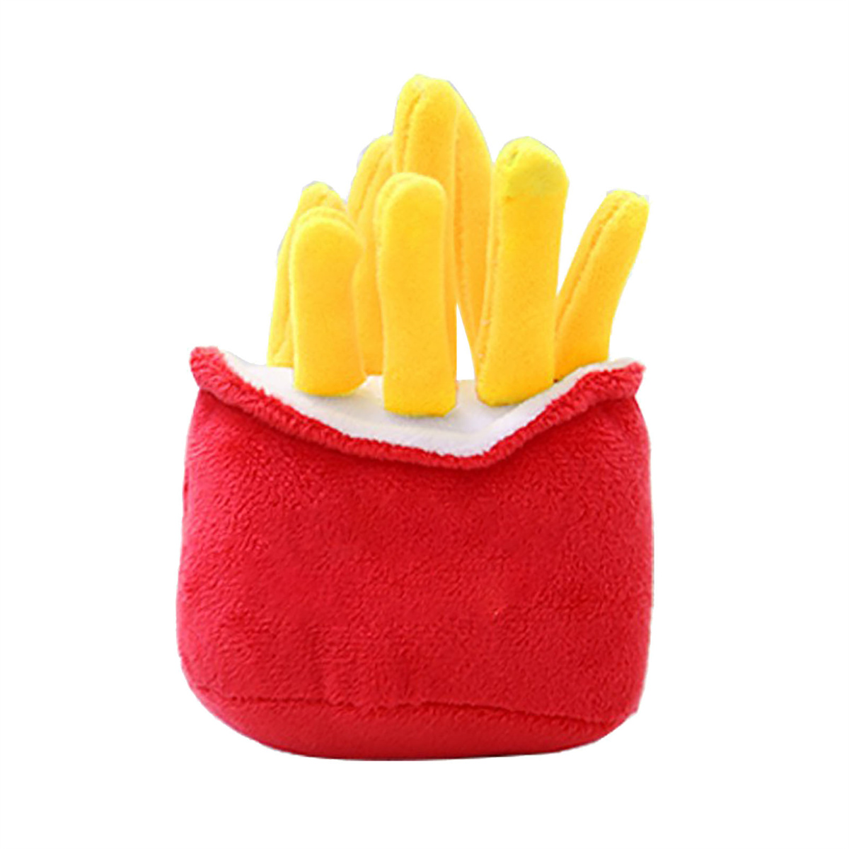 Ein rotes Plüsch-Pommes-Spielzeug. Die Pommes sind gelb, und das Spielzeug ist auf weißem Hintergrund.