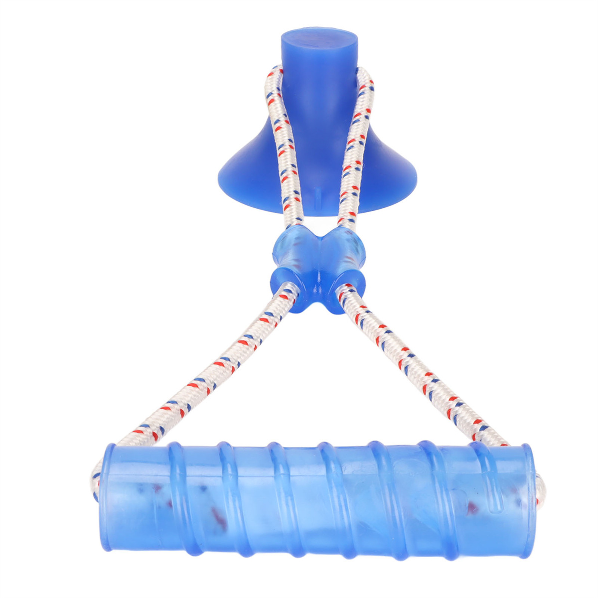 Blaues Hundespielzeug mit Saugnapf, Seil und Griff.