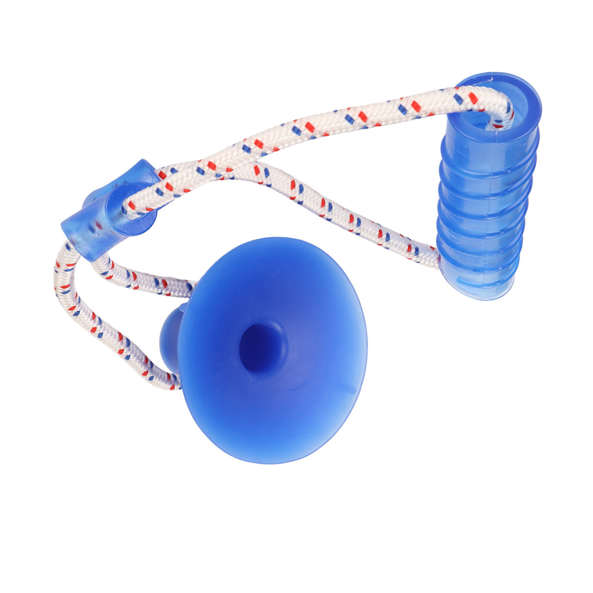 Blaues Hundespielzeug mit Saugnapf und Seil. Das Seil ist rot, weiß und blau.