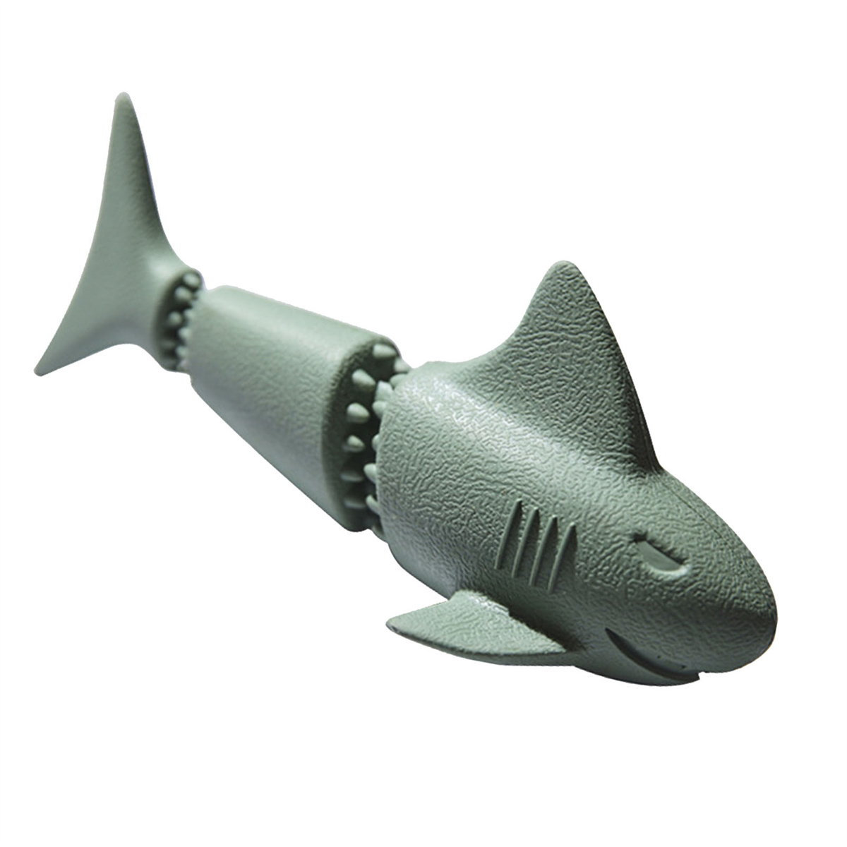 Ein graues Haifisch-Spielzeug mit segmentiertem Körper. Es hat eine Flosse und ein lächelndes Gesicht.