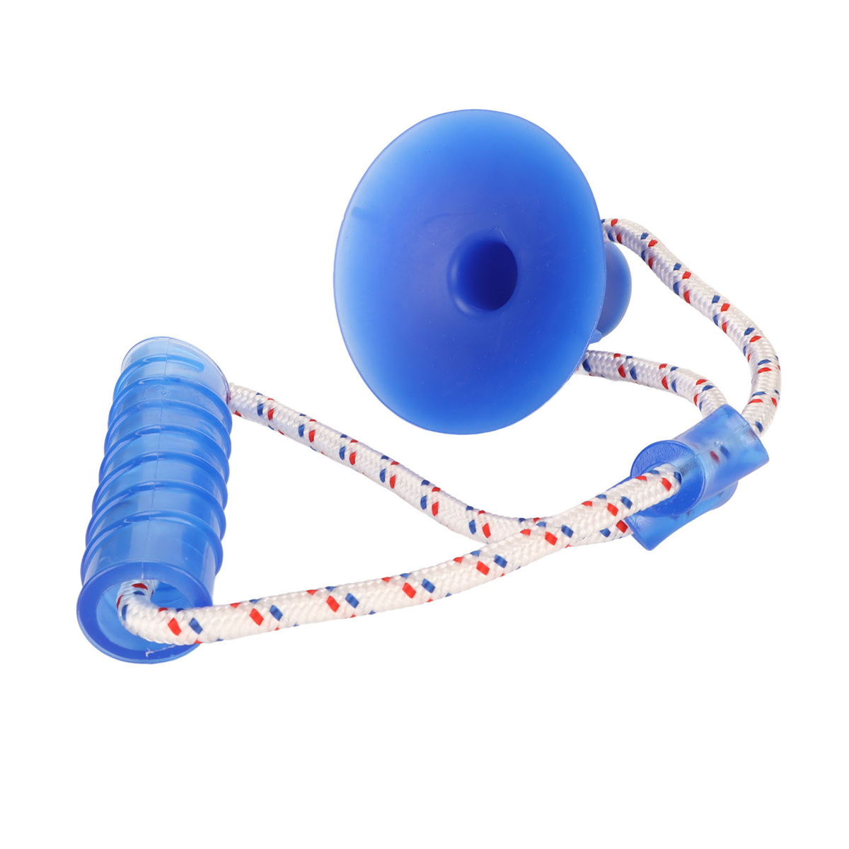 Blaues Hundespielzeug mit Griff und Seil. Es hat einen blauen Ball am Ende des Seils.