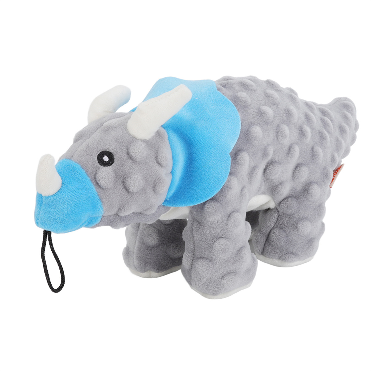 Ein graues Dinosaurier-Plüschtier mit blauen Akzenten, schwarzem Kordel und weißem Hintergrund.