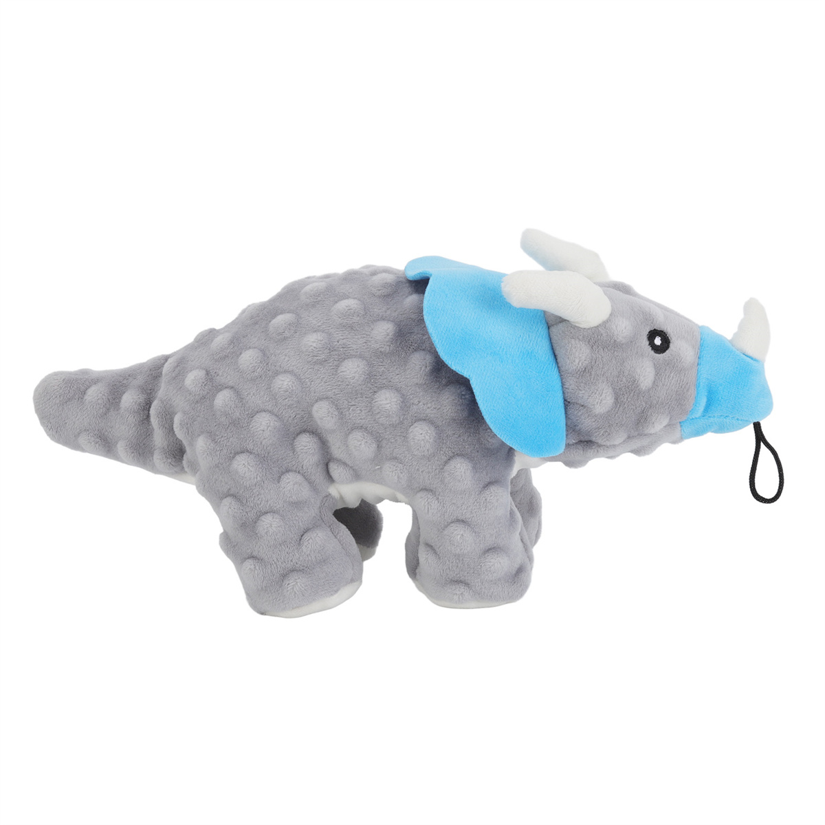 Graues Triceratops-Spielzeug mit blauen Akzenten und einer schwarzen Schlaufe.