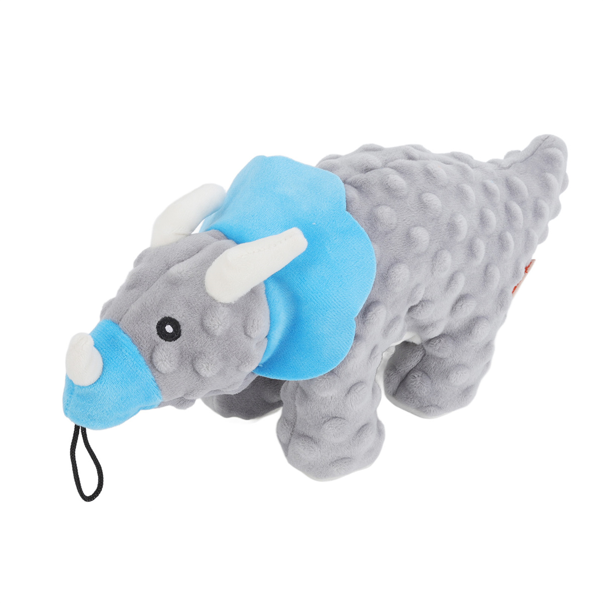 Ein graues Dinosaurier-Spielzeug mit blauem Kragen und Hörnern.