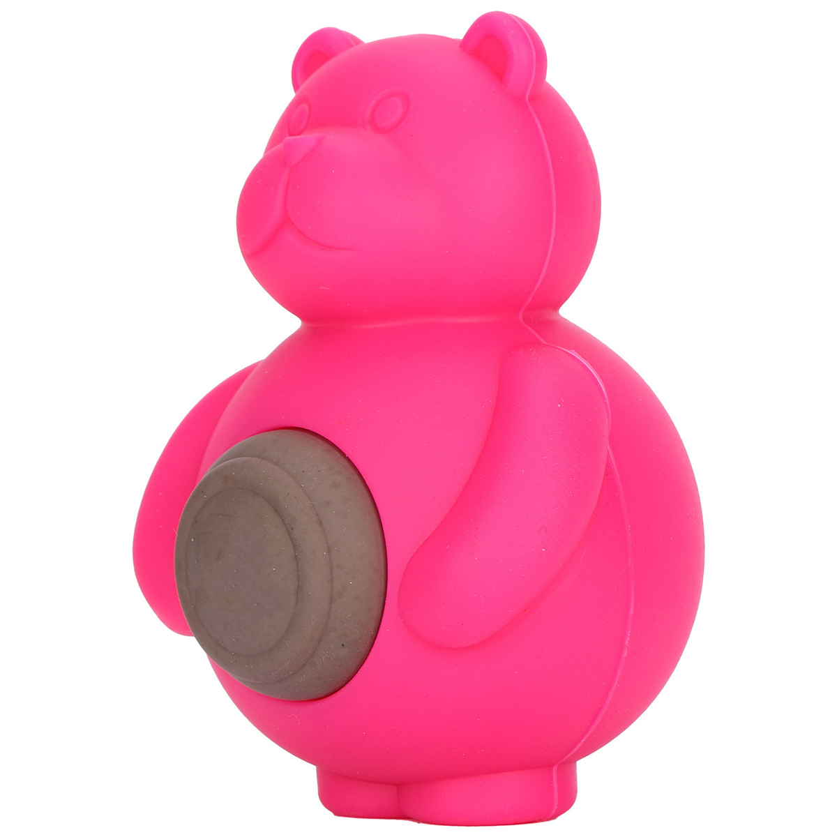 Rosa Gummi-Bär-Spielzeug mit einem grauen Kreis auf dem Bauch. Es hat einen weißen Hintergrund.