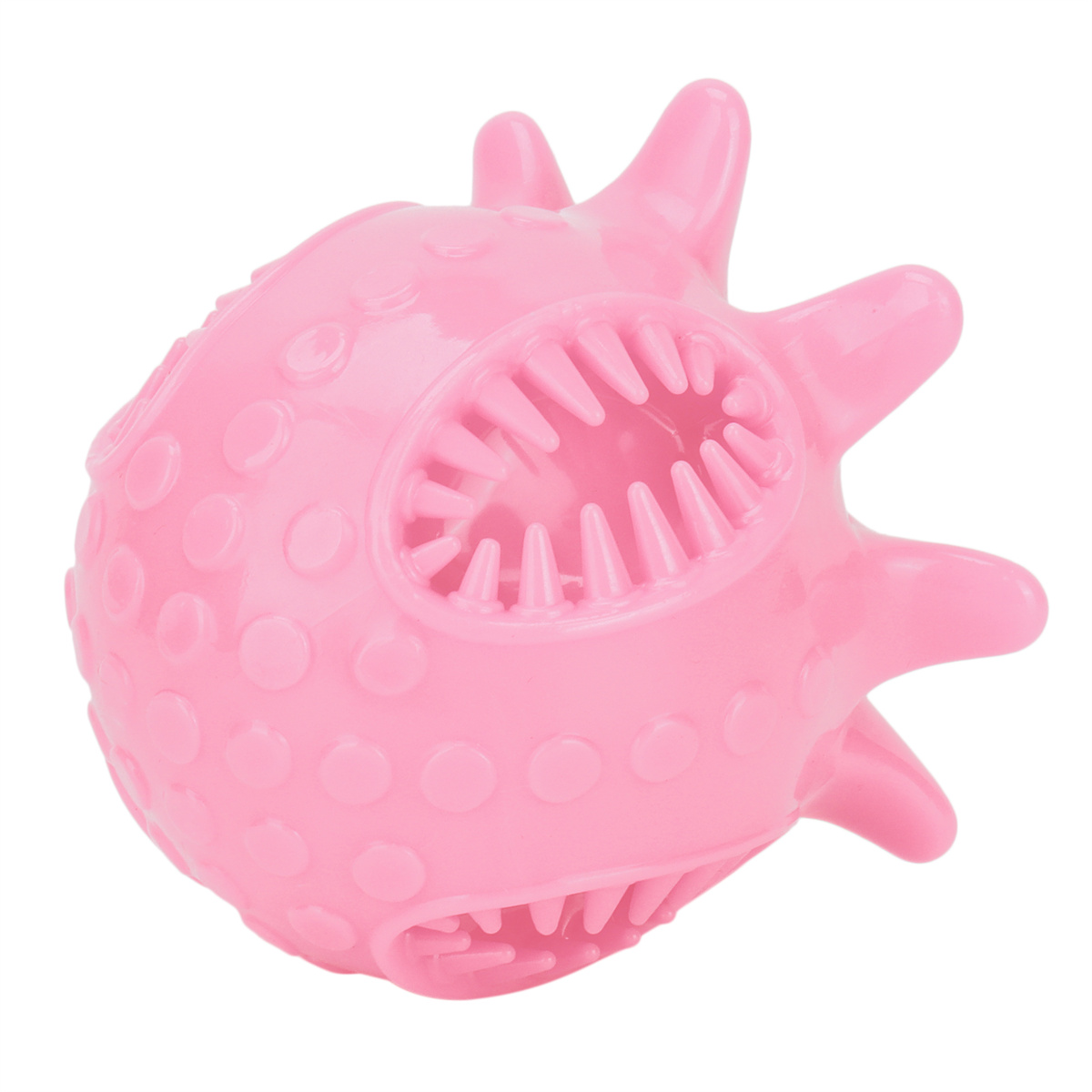 Ein rosa stacheliger Ball. Es hat kleine Löcher und zahnartige Formen.