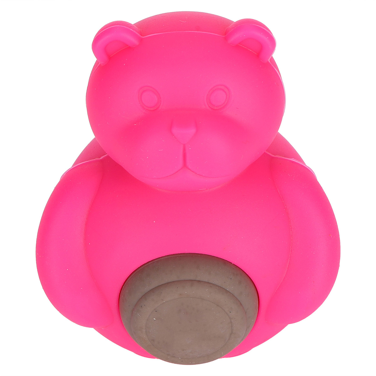Rosa Bär-Spielzeug mit braunem Kreis. Das Spielzeug hat eine Bärenform mit rundem Bauch.