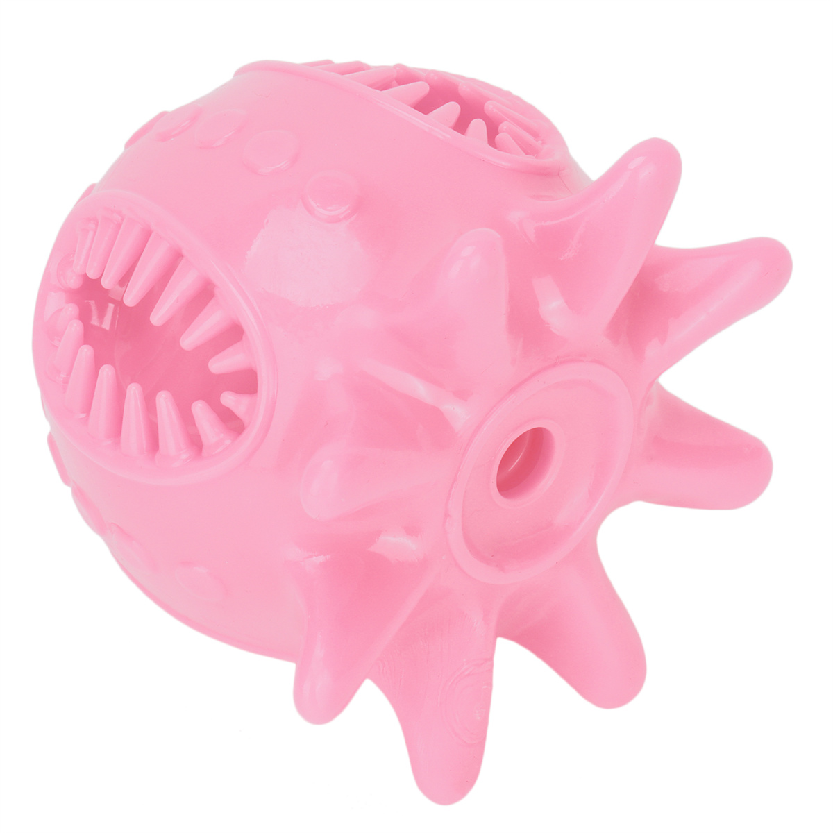 Ein rosa Hundespielzeug in Form eines stacheligen Balls mit Löchern und einer mundartigen Öffnung.