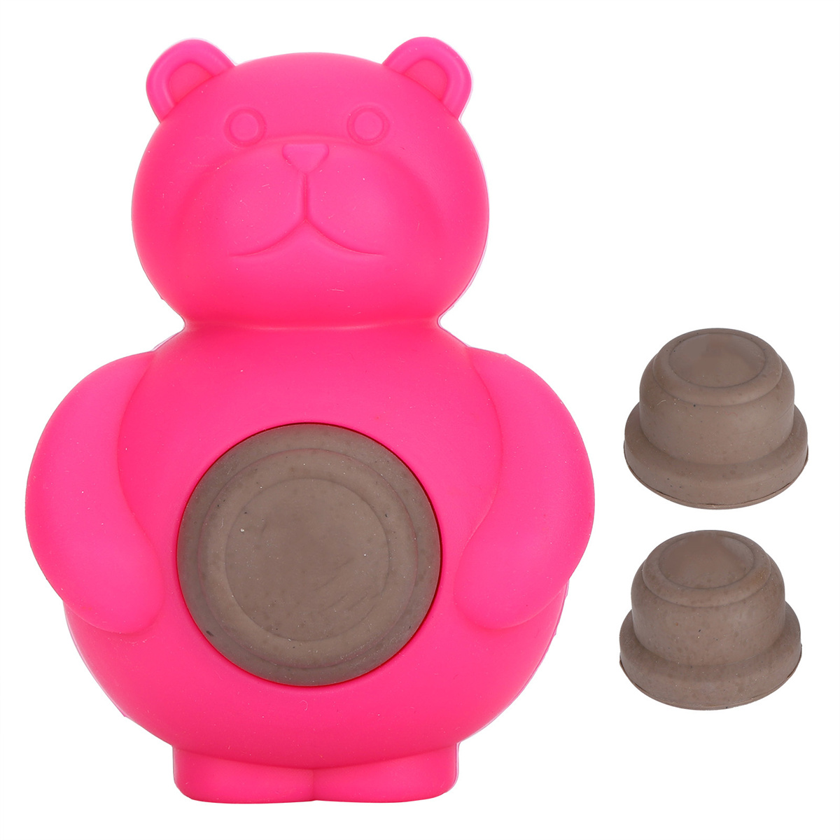 Rosa Bär Spielzeug mit einem braunen Kreis. Zwei graue Kegel rechts.
