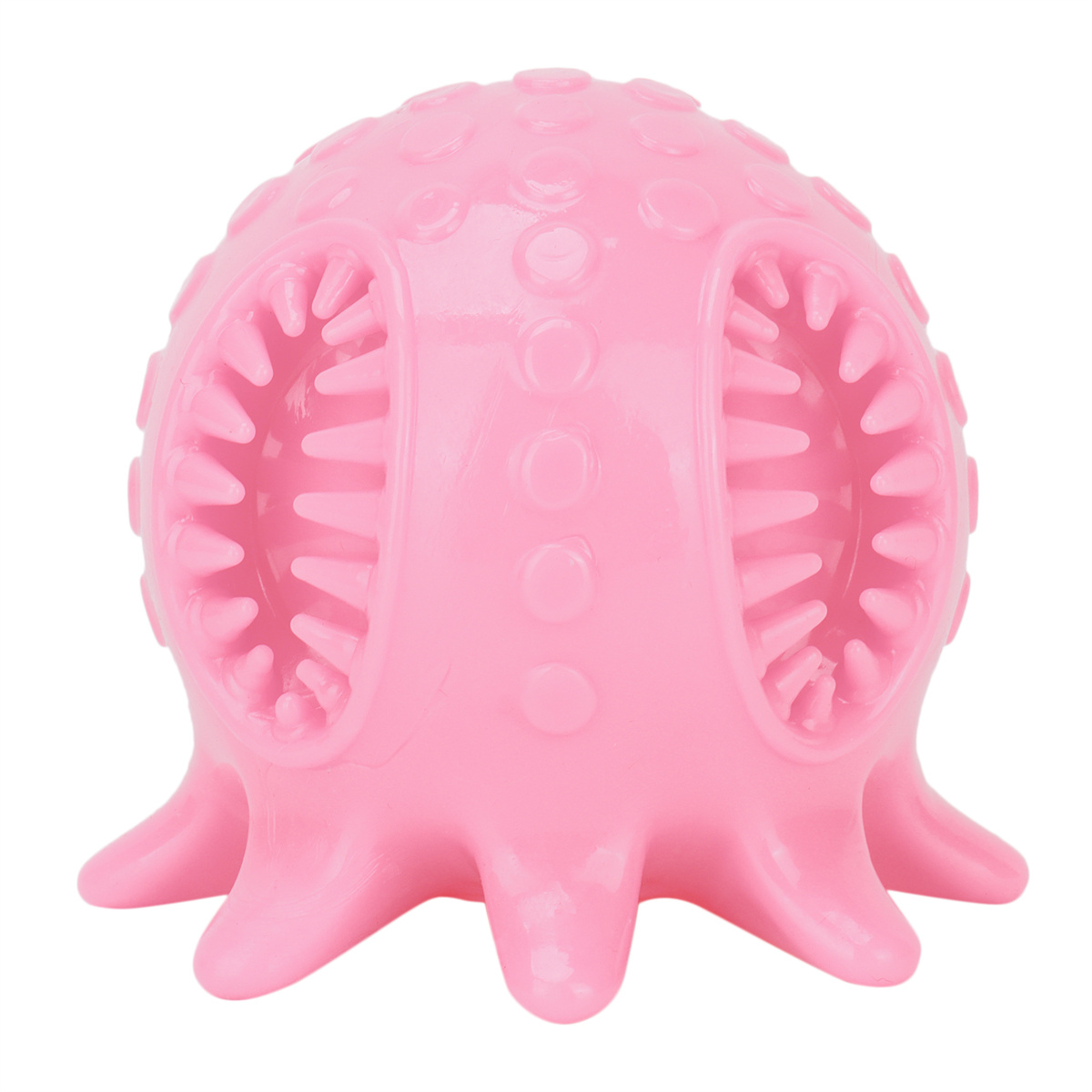 Ein rosa Oktopus-Hundespielzeug mit mehreren Löchern und zahnartigen Strukturen.