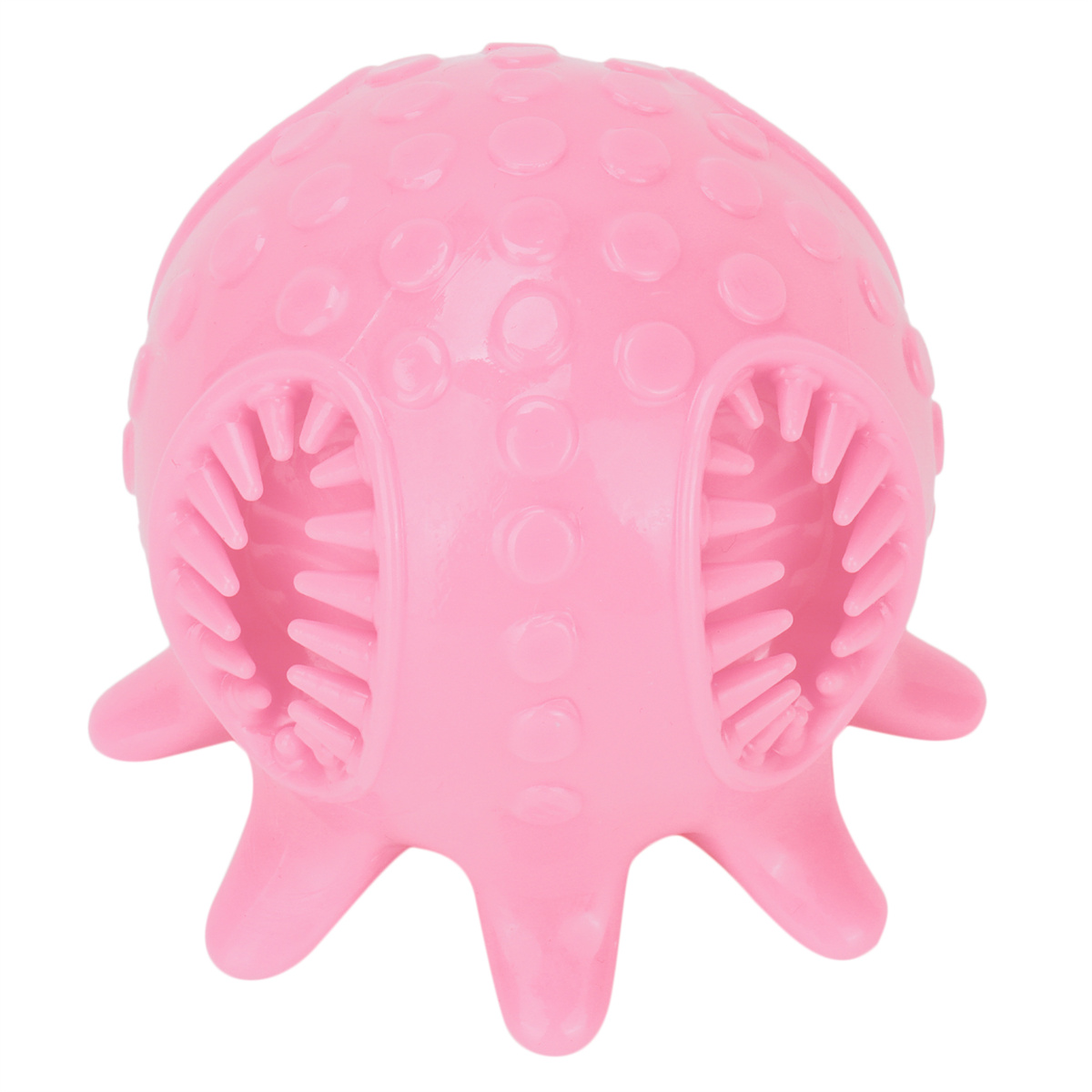 Ein rosa, strukturiertes Hundespielzeug mit mehreren Löchern und Vorsprüngen.
